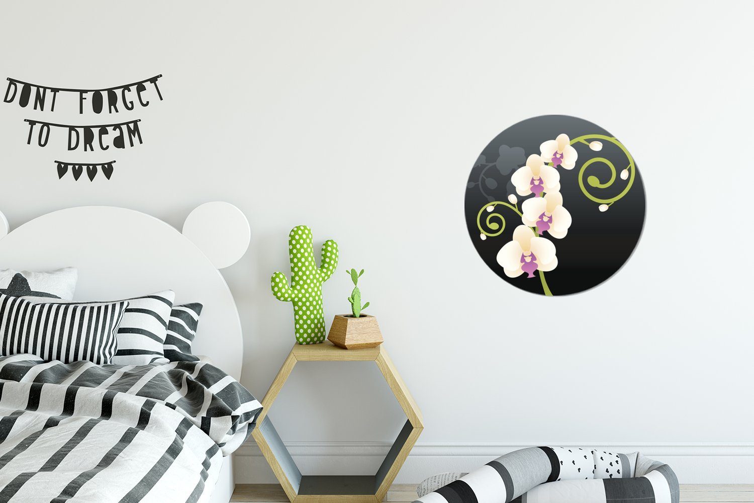 Kinderzimmer, weißen Orchidee (1 Rund, Tapetenaufkleber, Illustration einer MuchoWow St), krausen Eine für Wandsticker Wohnzimmer Tapetenkreis
