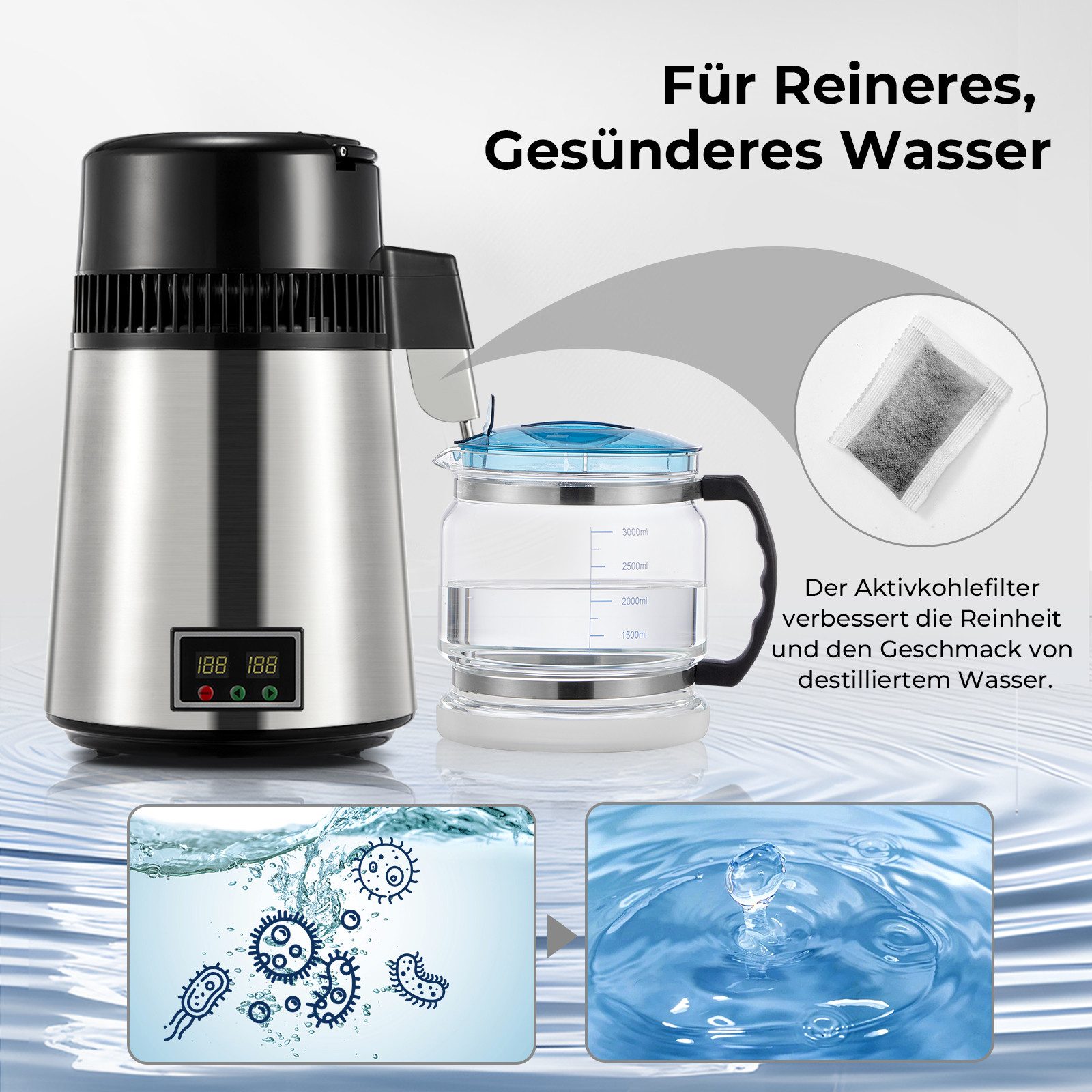 FOHERE Wasserdestilliergerät 750 W mit Temperatureinstellungen, 1-tlg., 4-l-Heimdestilliergerät, Wasserreiniger, BPA-frei