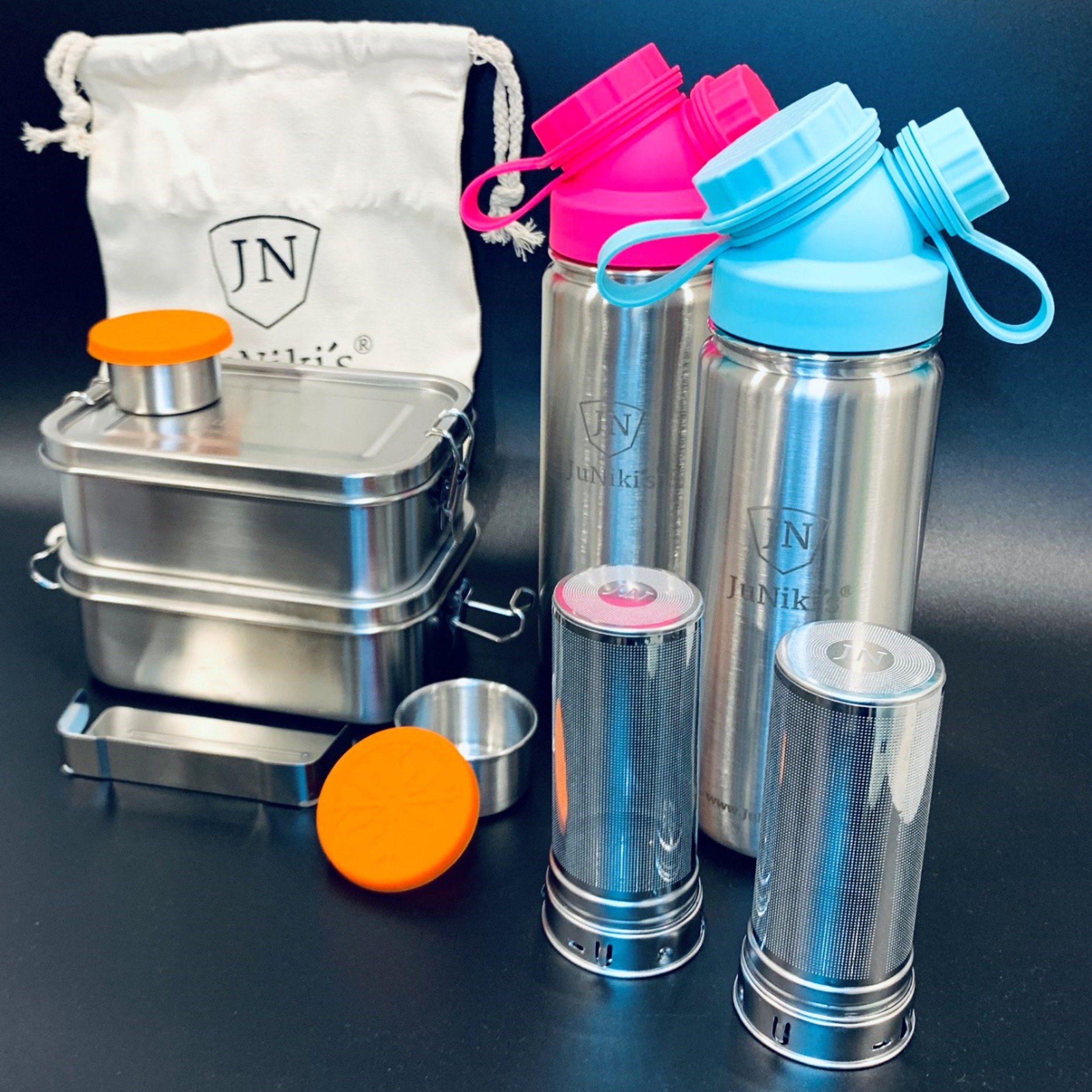 JN JuNiki´s Lunchbox Premium-Schüler-Set aus Edelstahl, Edelstahl, 2er-Spar-Set: Je 2x JuNiki´s® Lunchbox + Trinkflasche isoliert 550ml + Teefilter Pink-Türkis | Lunchboxen
