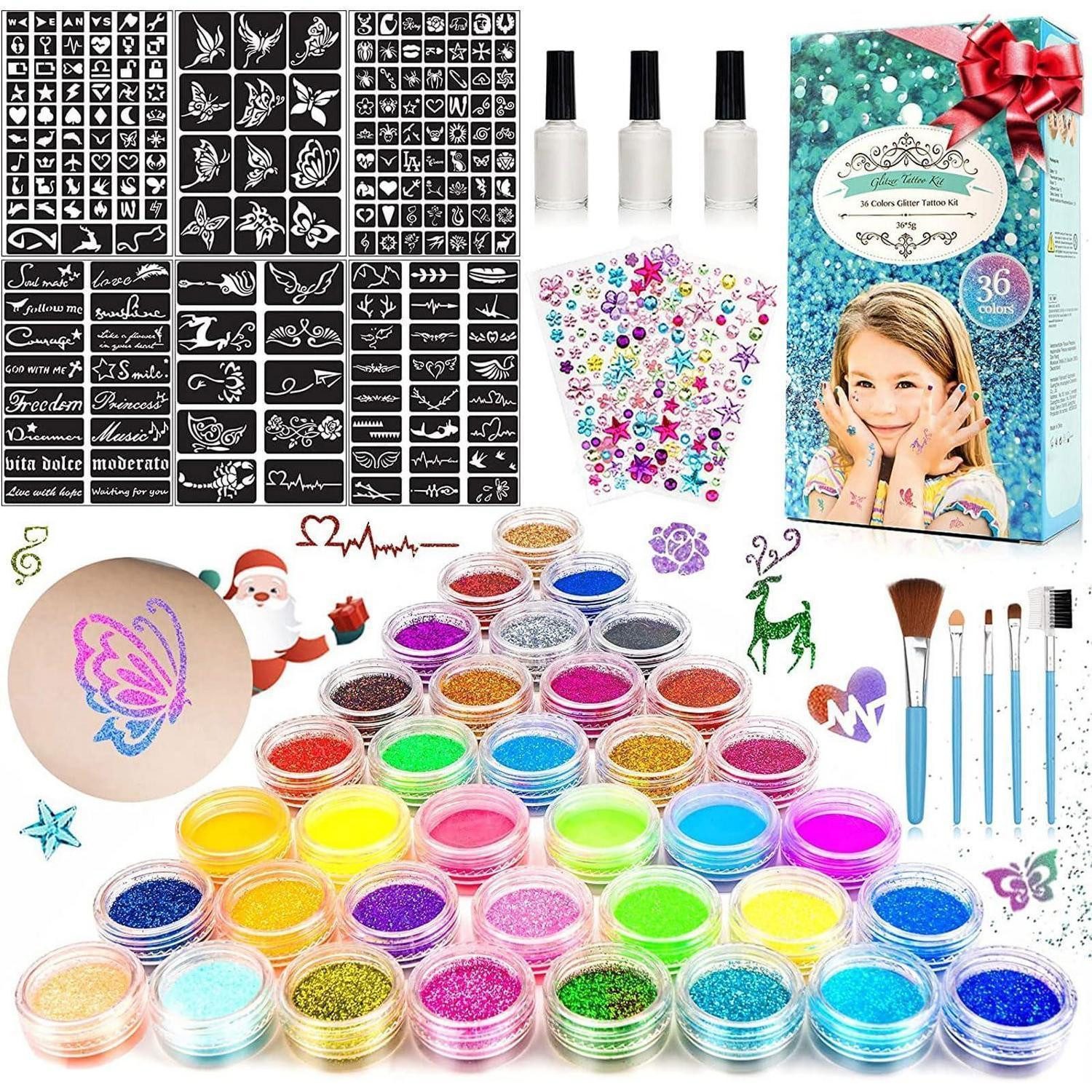 LuxusKollektion Kindertattoo Glitzertattoos Kinder Set 36 Farben 182 Schablonen