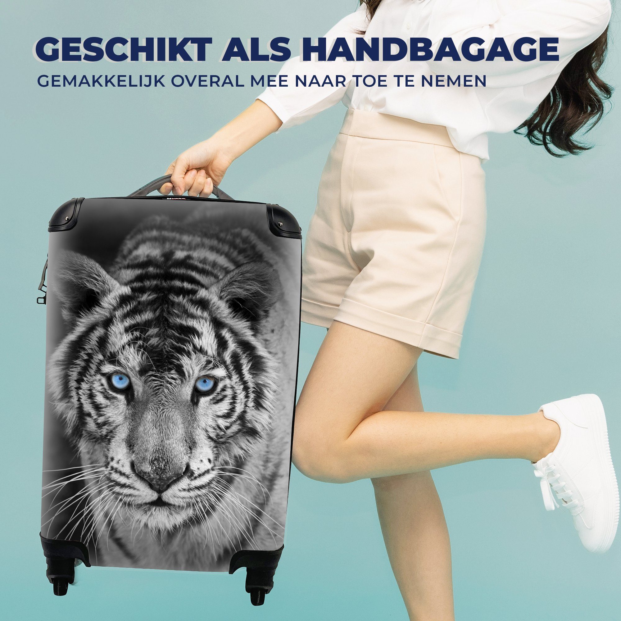 Tiere Tiger Handgepäck mit - 4 Rollen, Reisekoffer rollen, Augen - - und Ferien, MuchoWow Blau, Trolley, - für weiß Handgepäckkoffer Reisetasche Schwarz