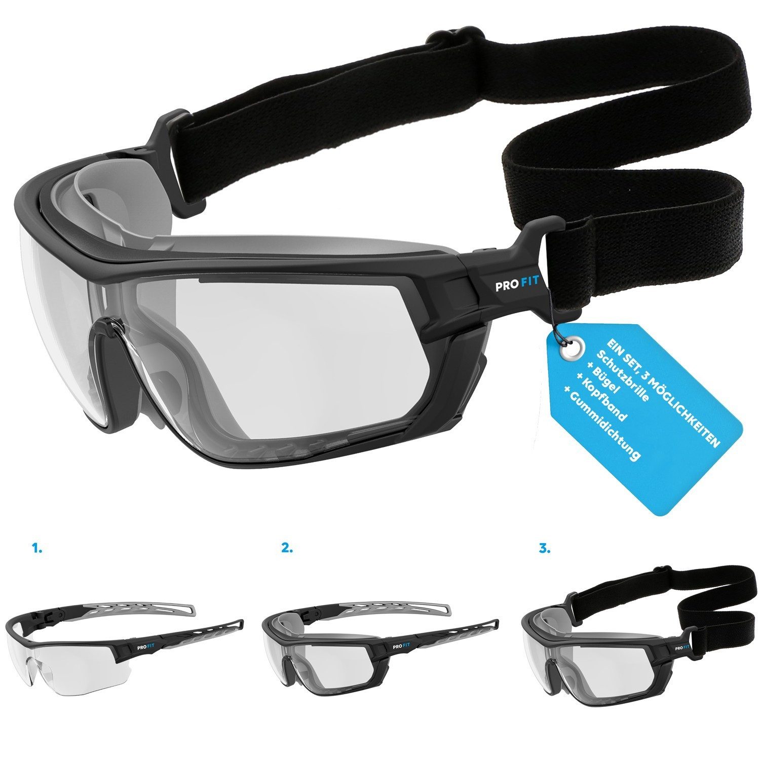 PRO FIT by Fitzner Arbeitsschutzbrille Schutzbrille "Multitalent",3-in 1 Set, klar