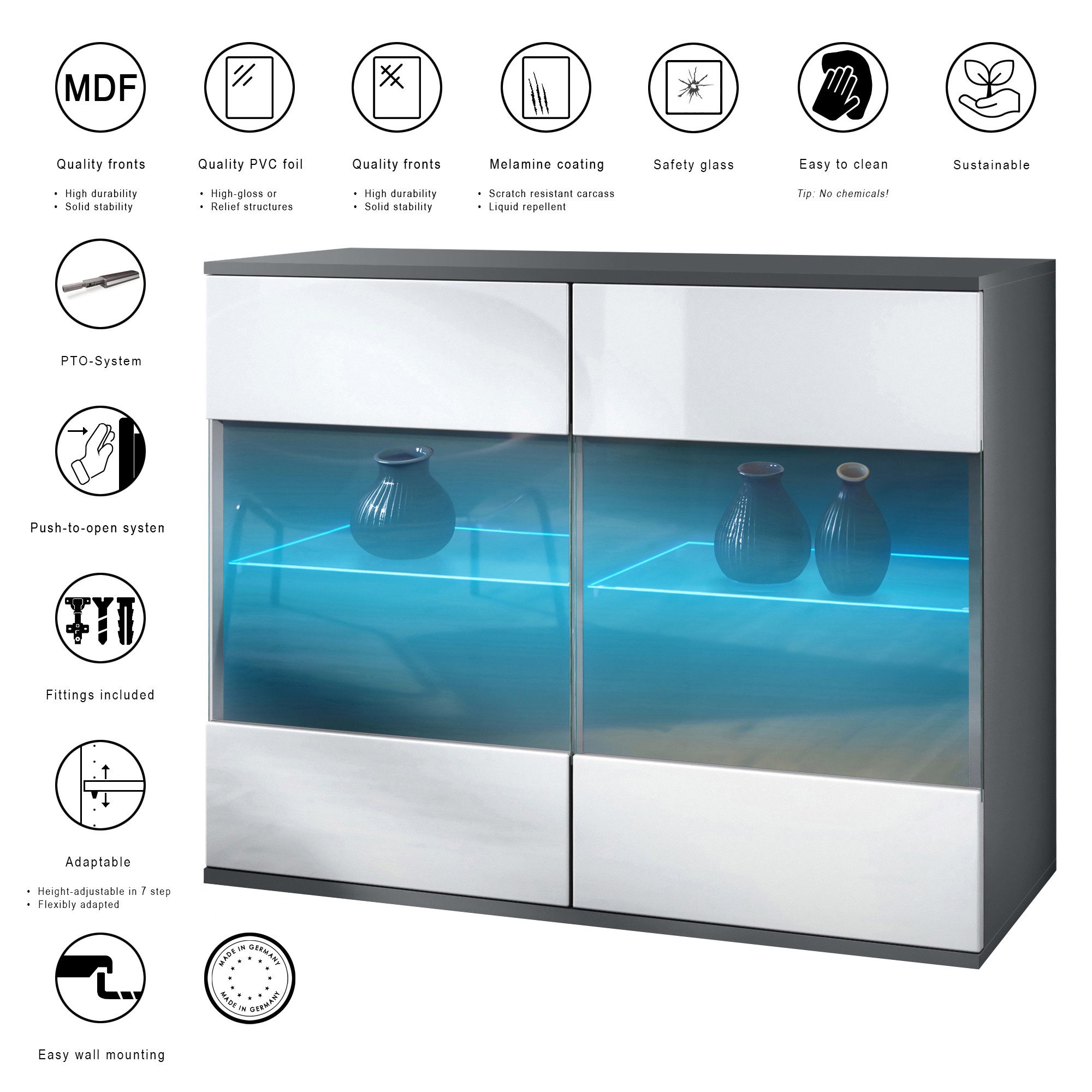 Vladon Kommode Bari V3 (Moderner Küchenschrank, mit 2 großen Glastüren inkl. RGB Beleuchtung), Anthrazit matt / Eiche sägerau (92,5 x 73.5 x 35)