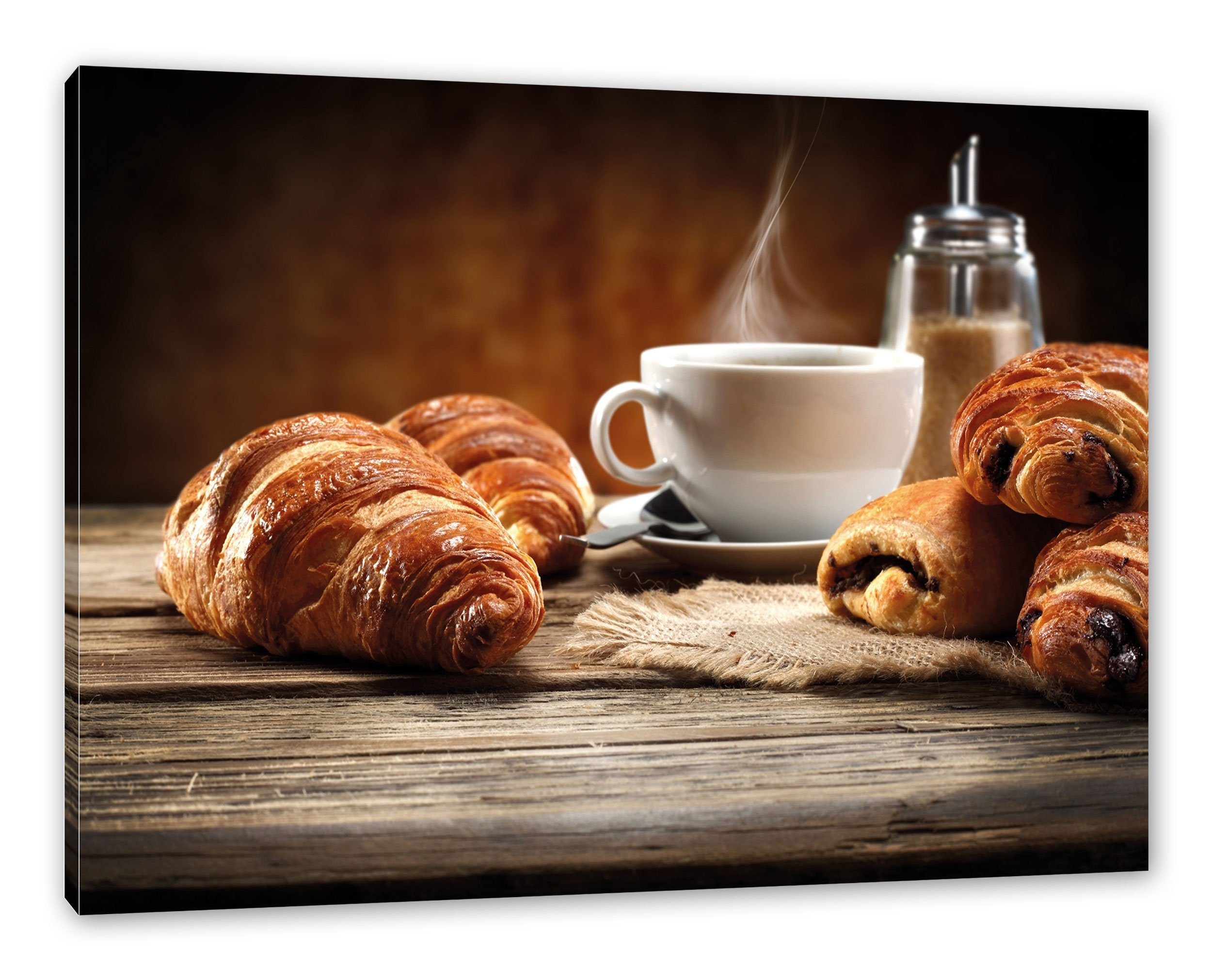 Croissant Kaffee, Leinwandbild zum bespannt, (1 Croissant inkl. St), zum Leinwandbild Kaffee Zackenaufhänger fertig Pixxprint