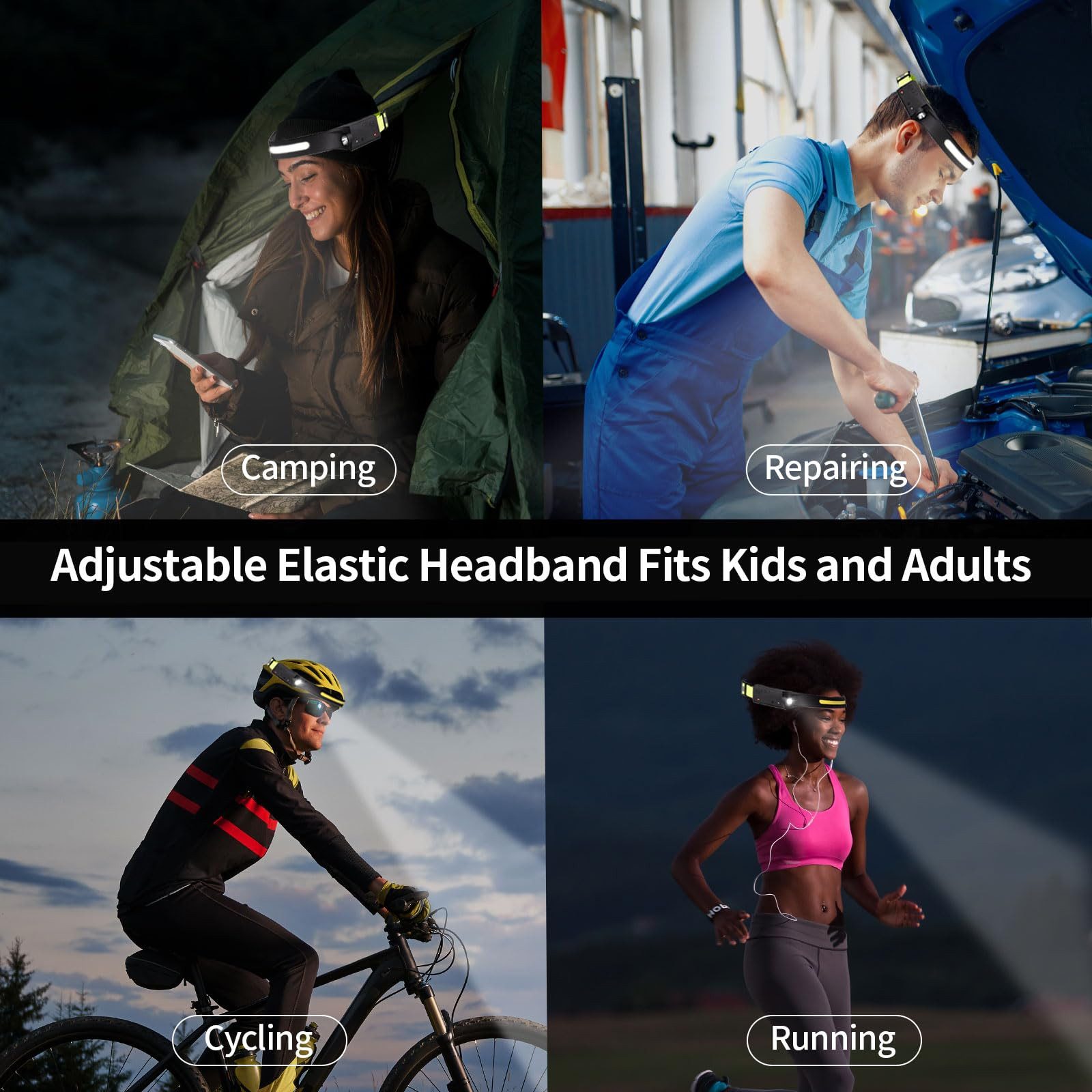 LQWELL LED Stirnlampe Wiederaufladbar, COB-Breitstrahl & Spotlight USB-Lade- Kopflampe (5 Modi Wasserdichte Headlight, 1-St., mit Bewegungssensor & Reflektierendem Kopfband), für Joggen, Radfahren, Camping