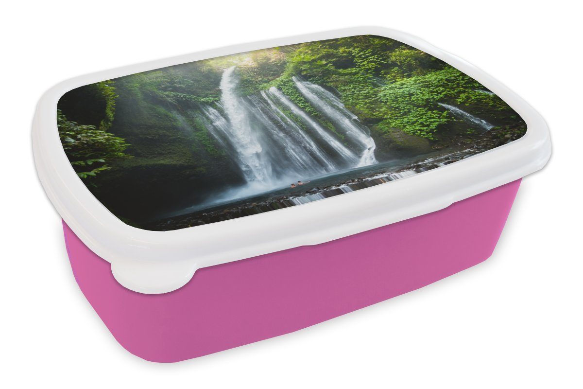 MuchoWow Lunchbox Lombok Wasserfall, Kunststoff, (2-tlg), Brotbox für Erwachsene, Brotdose Kinder, Snackbox, Mädchen, Kunststoff rosa