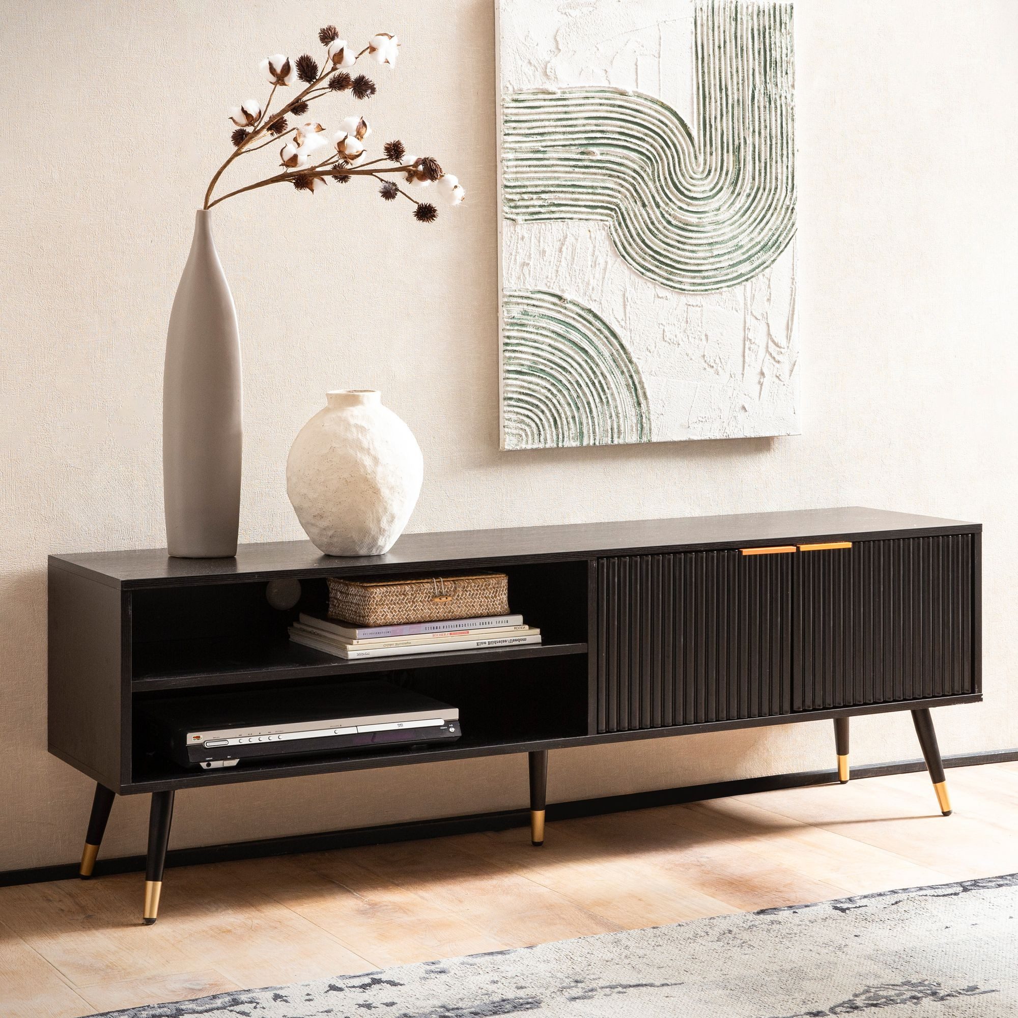 FINEBUY Lowboard FB103280 TV Schrank 150 cm Schwarz Türen Fernsehkommode Ei günstig online kaufen