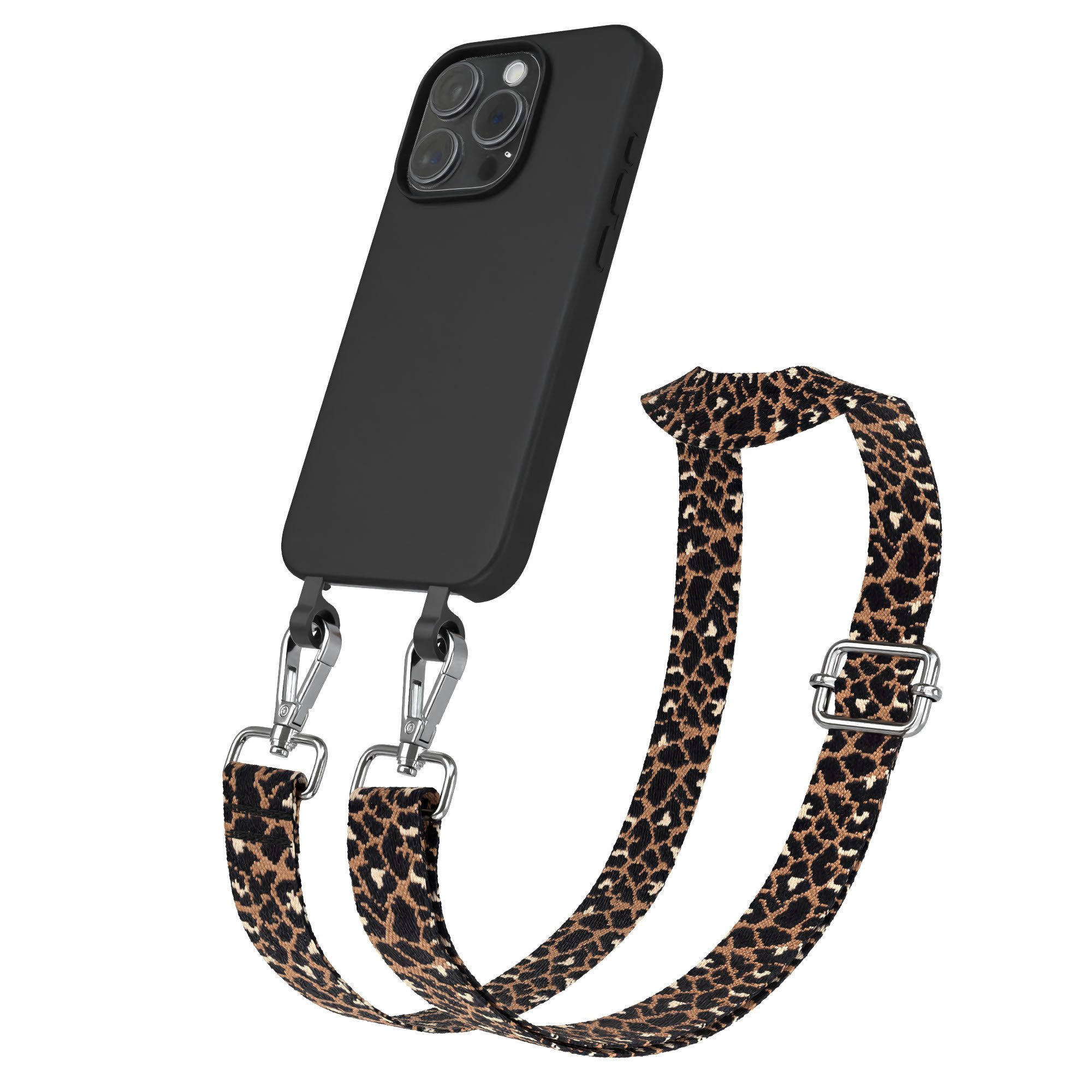 EAZY CASE Handykette 2in1 TPU Hülle mit Band für Apple iPhone 15 Pro 6,1 Zoll, Schutzhülle zum Umhängen Hülle mit Leo Umhängeband Kettenhülle Schwarz