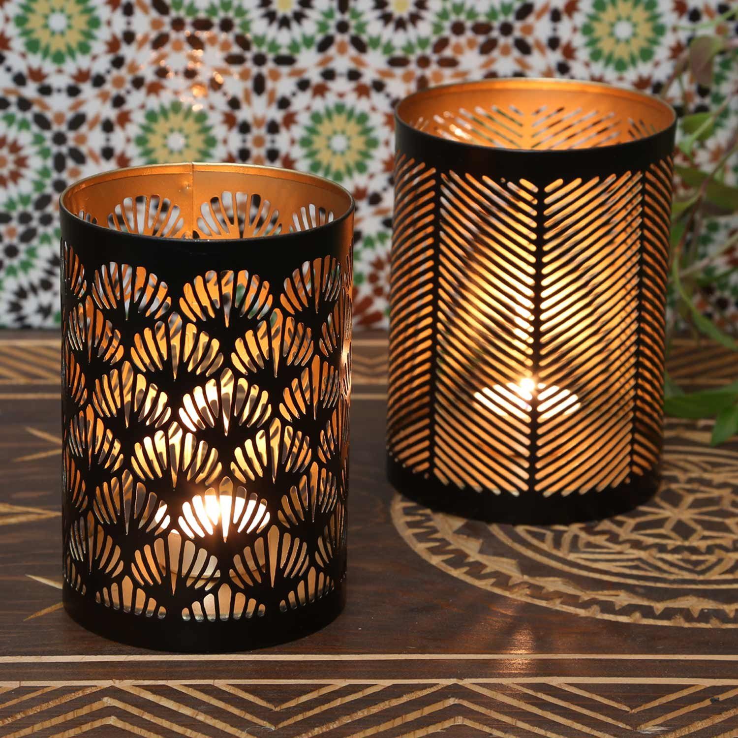 Casa Moro Lucca 2er Teelichthalter (Marokkanische Windlicht Set Orientalisches Schwarz wie Deko Wohn Teelichthalter 1001 Gold aus Tisch IRL90 Deko Weihnachten, Nacht), rund