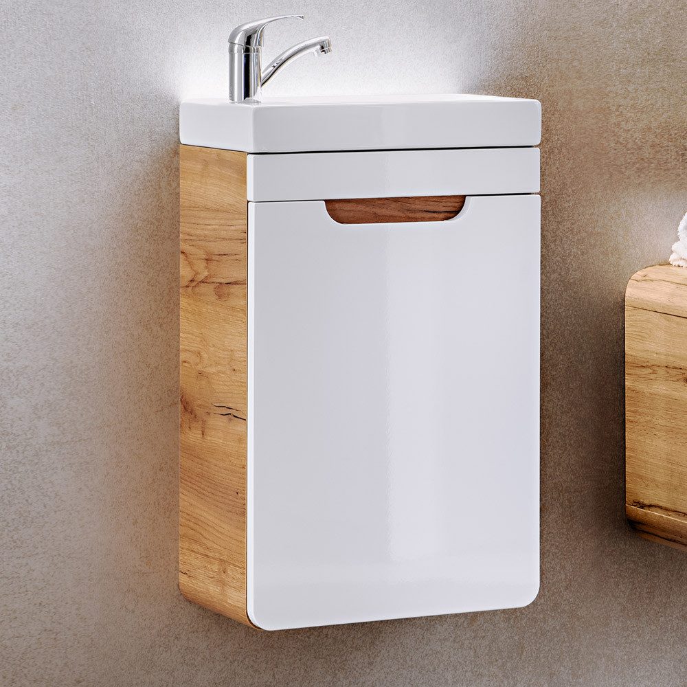 Lomadox Waschtisch LUTON-56, Gästebad Handwaschplatz Eiche mit weiß Hochgla günstig online kaufen