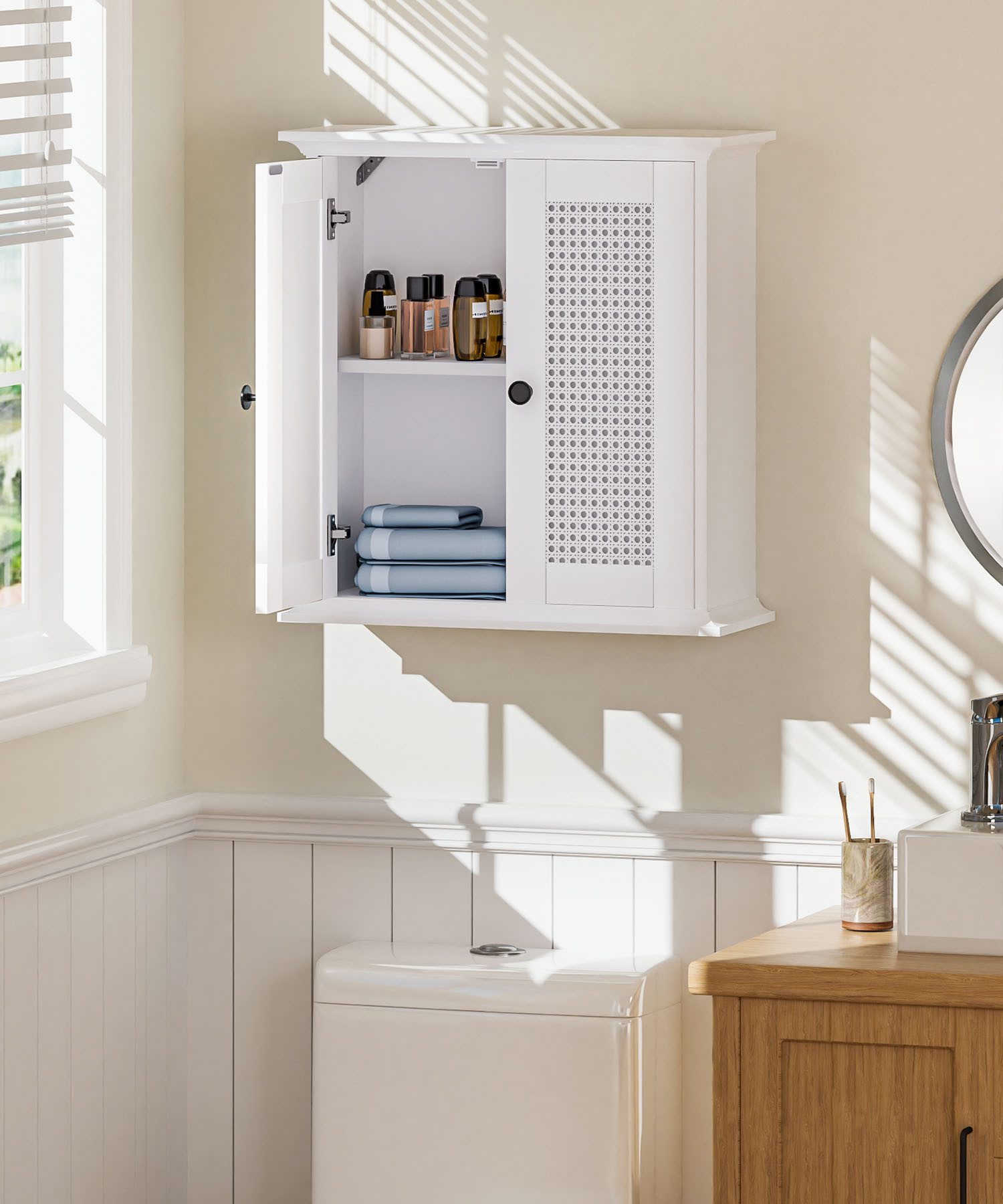 Yorbay Hängeschrank Badezimmerschrank mit Rattanfront (57 x 60 x 22 cm) Weißer Wandschrank mit Doppeltüren & verstellbarem Einlegeboden