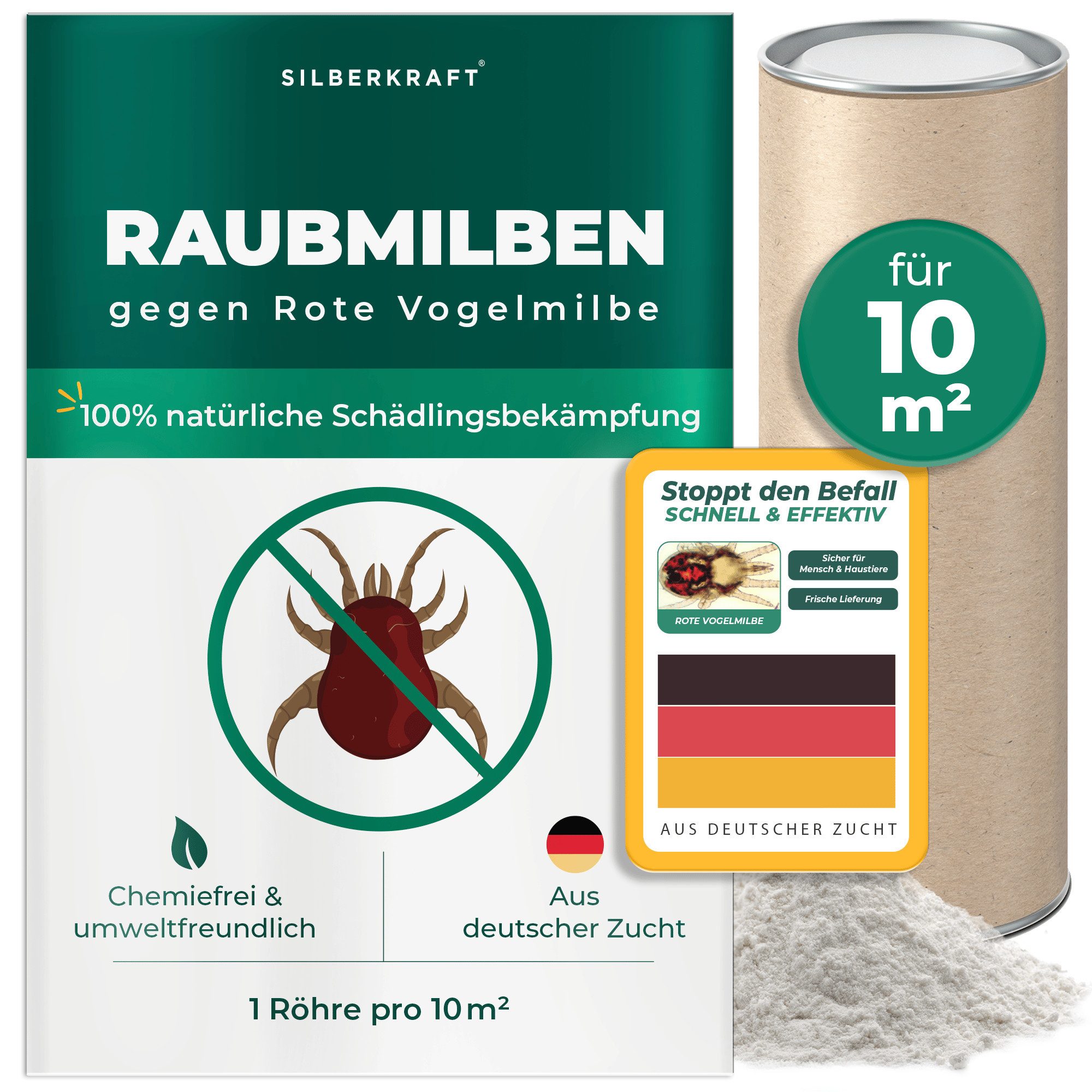 Silberkraft Insektenvernichter Raubmilben gegen Rote Vogelmilben, biologischen Parasitenabwehr, Hühnerstall, Taubenschlag & Voliere
