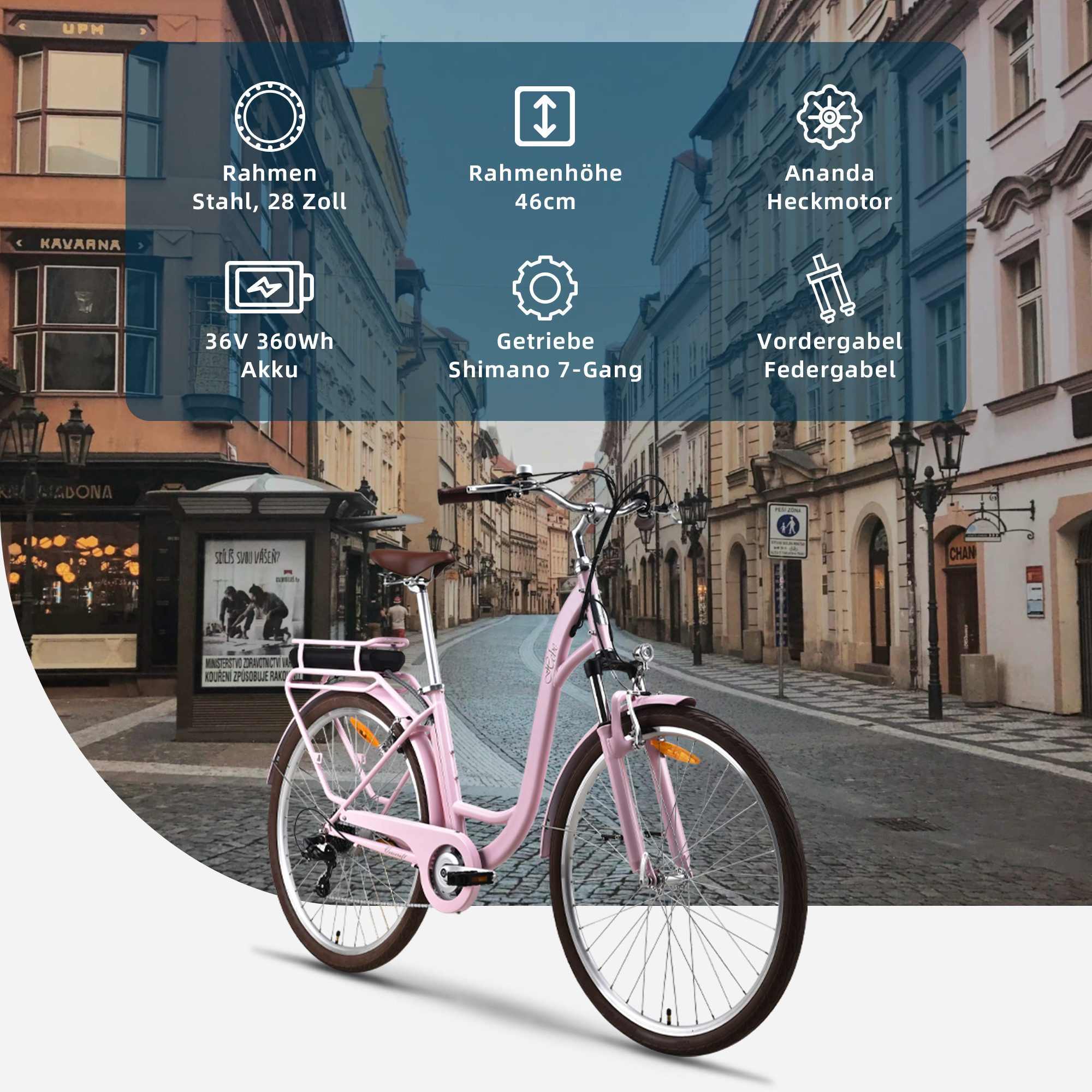VECOCRAFT E-Bike Cityrad 28’’ Elektrofahrrad 36V 10Ah 80mm Federgabel 40Nm HEBE Ebike Damen, 7 Gang, Heckmotor, 360 Wh, Pedelec Citybike für Damen und Herren