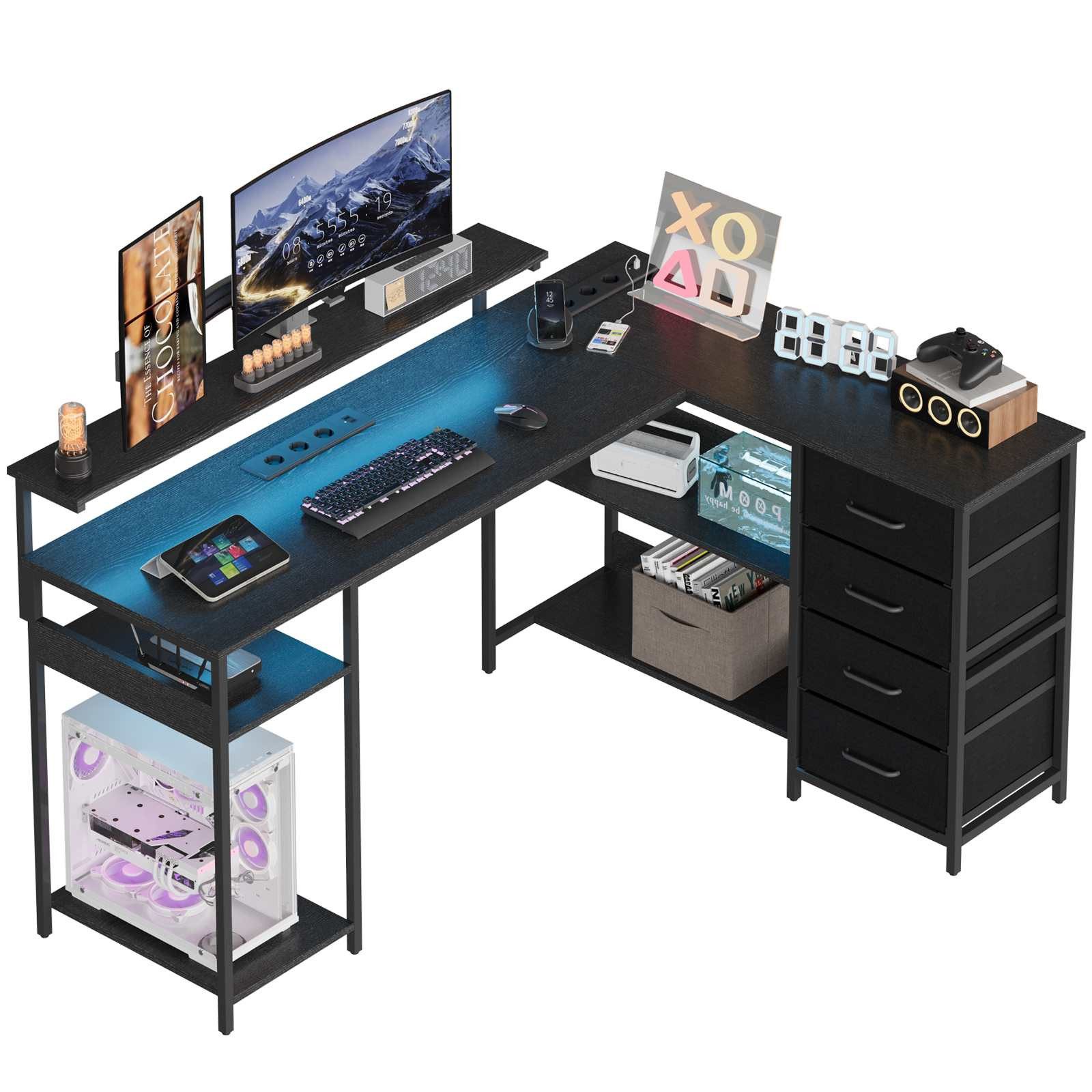 BBWL Computertisch mit Monitorständer, Steckdosenleiste, zweilagiger Ablage, 4 Stoffschubladen, für Büro und Homeoffice