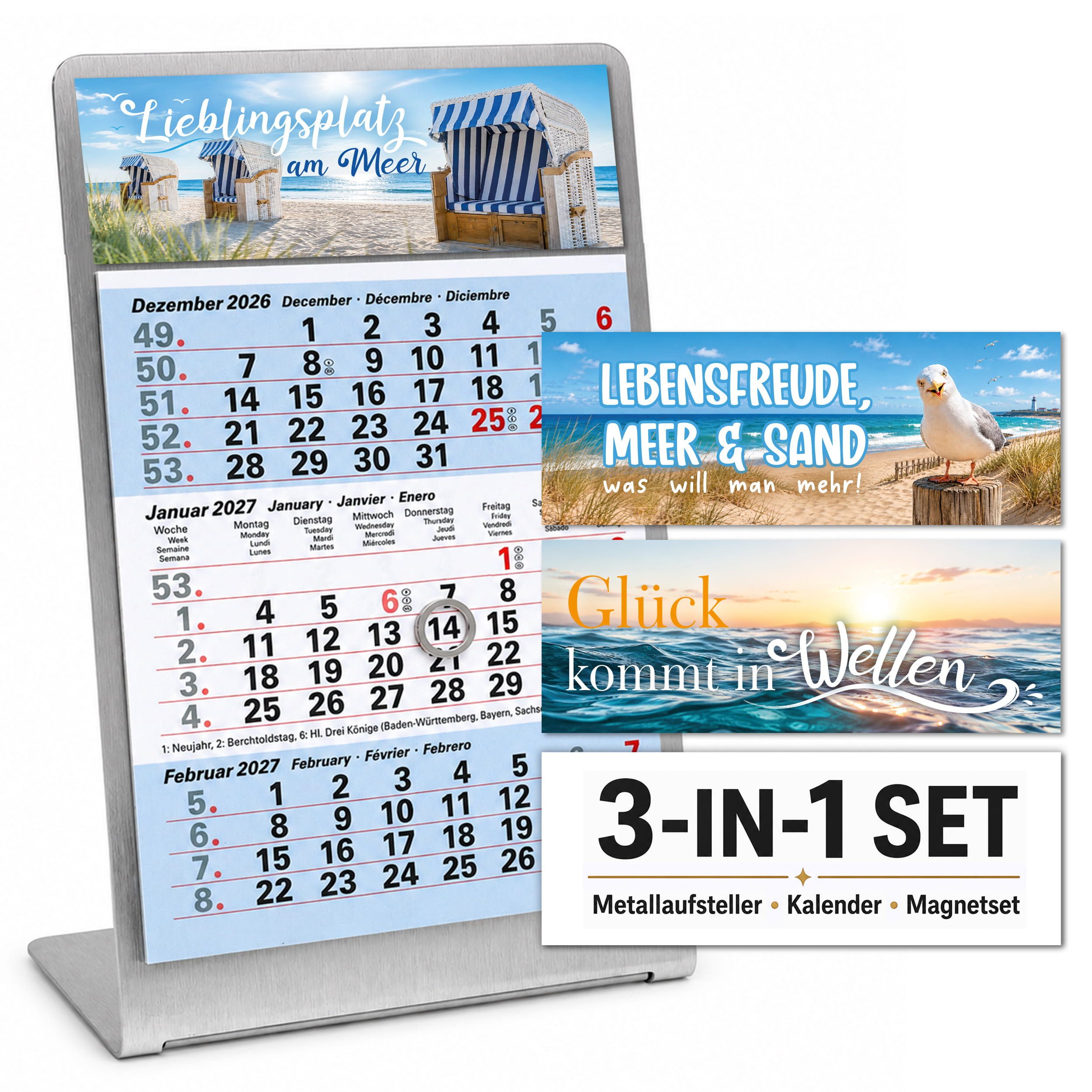 TOBJA Tischkalender Tischkalender 2027 Set + Deko-Magnete Metallaufsteller (Ice), Aufsteller + Kalender, 3 Deko-Magnete, Datumsschieber, mehrsprachig