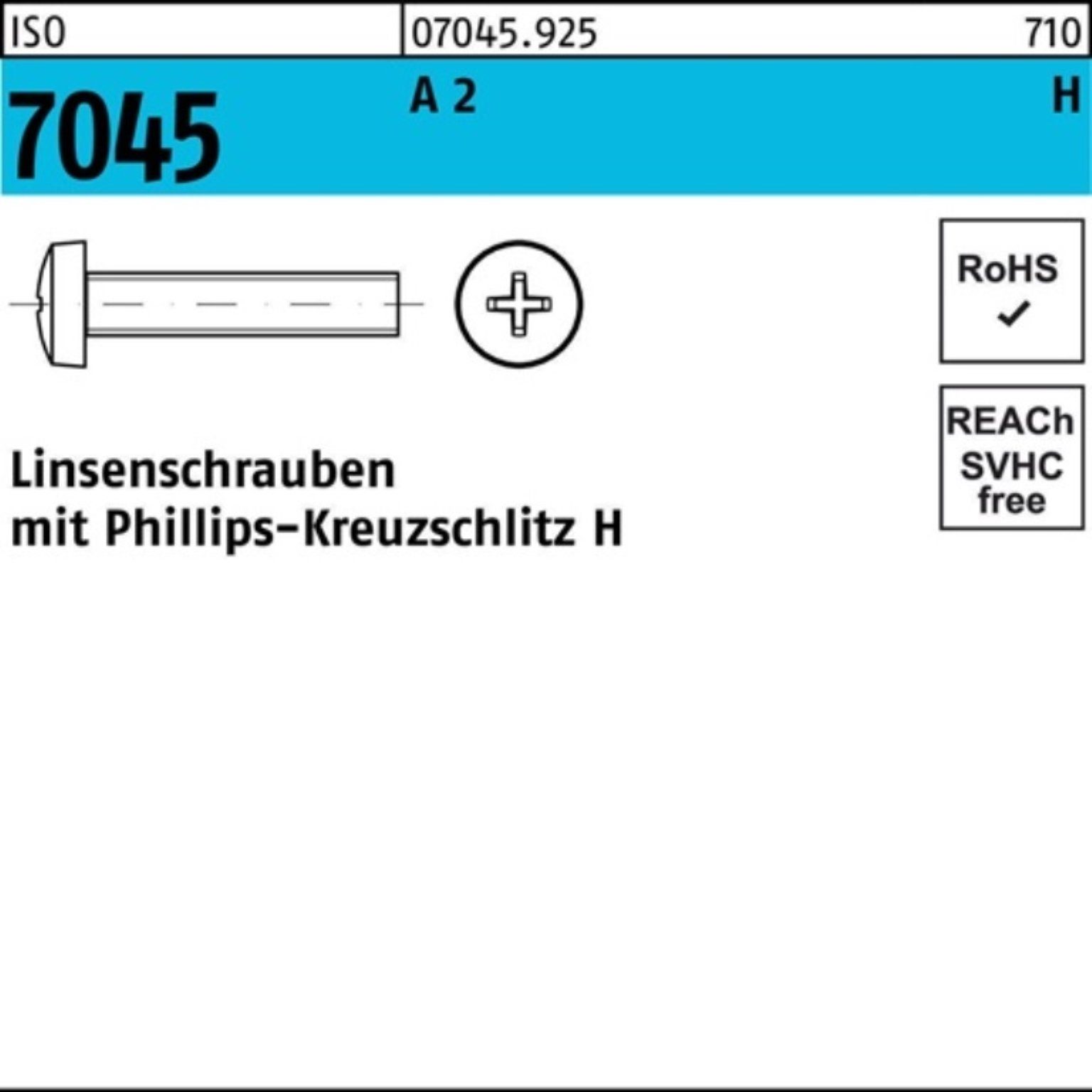 M4x Pack 200 ISO 7045 2 7 Schraube 55-H Flachkopfschraube 200er ISO Reyher PH A Stück