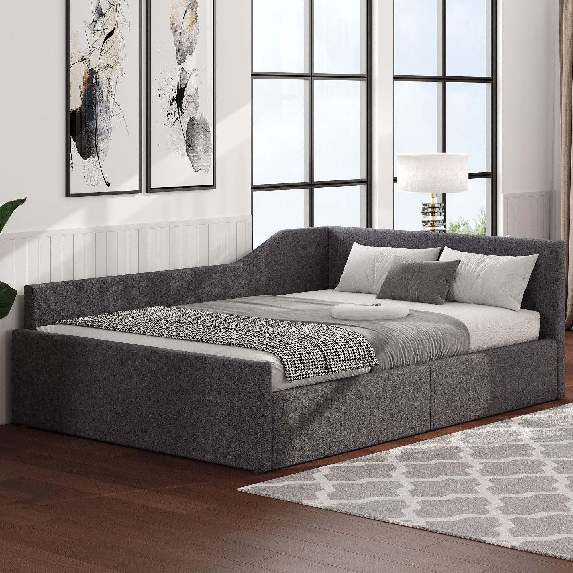 SOFTWEARY Stauraumbett mit Stauraum (140x200 cm), Polsterbett mit Lattenrost und Kopfteil, Doppelbett, Leinen – Bild 2 von 5