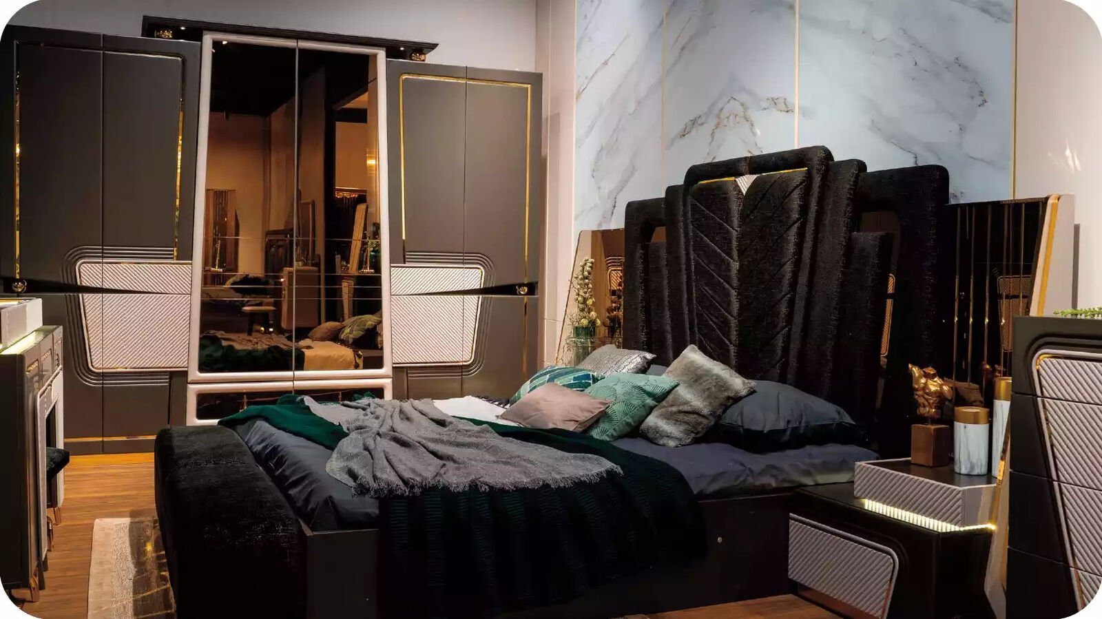 JVmoebel Schlafzimmer-Set Schlafzimmermöbel Garnitur Luxus Doppelbett Bett Set Schwarz Betten, (5-St., Bett/2x Nachttische/Kleiderschrank/Bank), Made in Europa