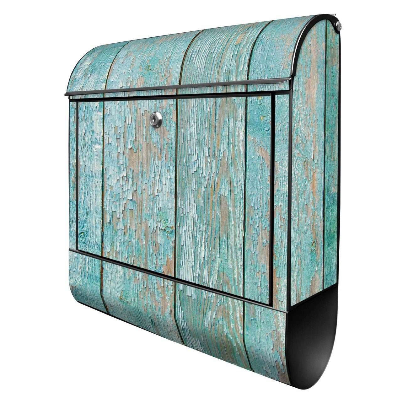 banjado Wandbriefkasten Stahl Blaue Planken (Wandbriefkasten witterungsbeständig, pulverbeschichtet, mit Zeitungsfach), 39 x 47 x 14cm schwarz