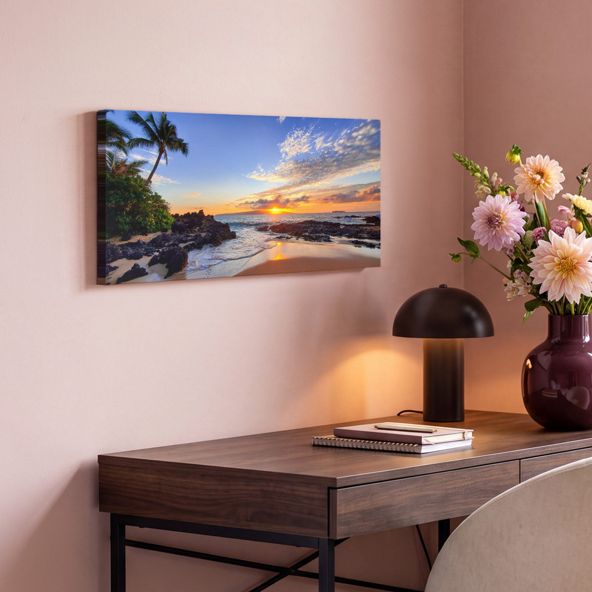 OneMillionCanvasses® Leinwandbild Panorama Strand - Meer - Sonnenuntergang - Hawaii, Fotodruck (1 St), Wandbild, Deko Schlafzimmer Wohnzimmer Flur 40x20 cm – Bild 4 von 5