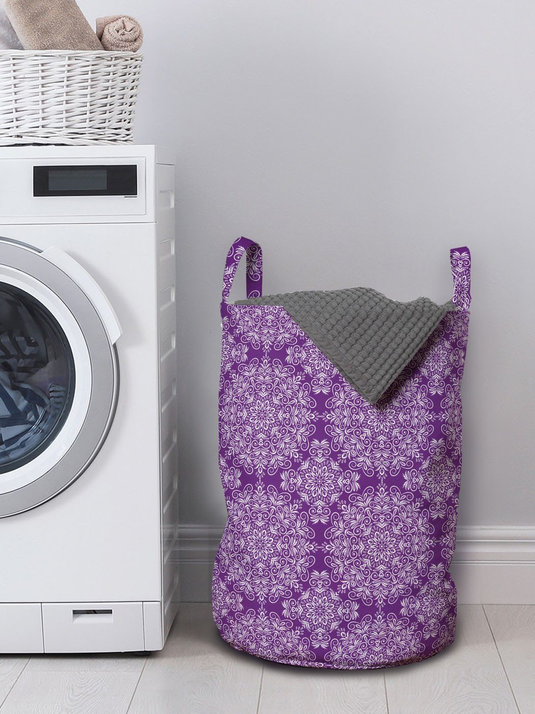 Abakuhaus Wäschesäckchen Wäschekorb mit Waschsalons, Floral lila Kordelzugverschluss Swirl Ast für Mandala Griffen