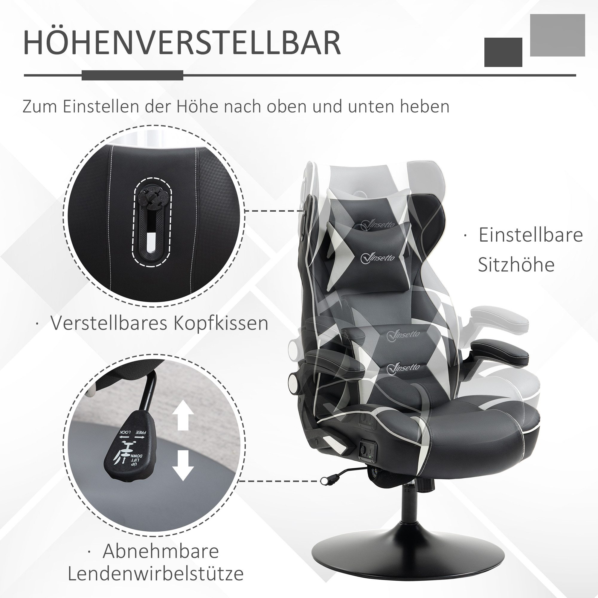 Vinsetto Schreibtischstuhl Gaming Stuhl ergonomischer Bürostuhl höhenverstellbar Kunstleder (PC-Stuhl, 1 St), Weiß+Schwarz 69 x 73 x 112-118 cm – Bild 5 von 5