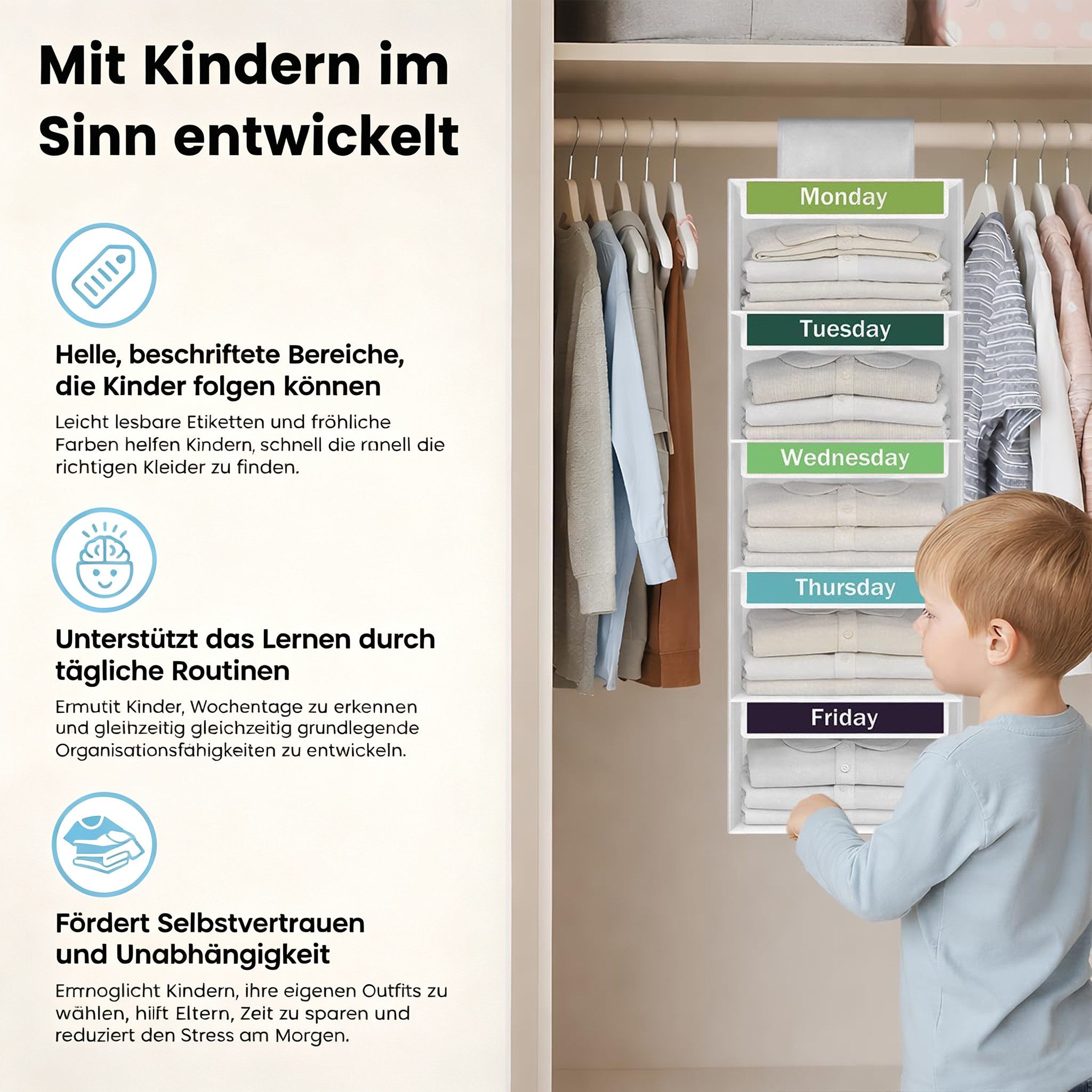Diwzbyn Hängeregal Kinder Hängeorganizer Kleiderschrank – 5/6 Fächer Wochen Organizer, 1-tlg., mit Seitentaschen, Kleidung Aufbewahrung für Kinderzimmer