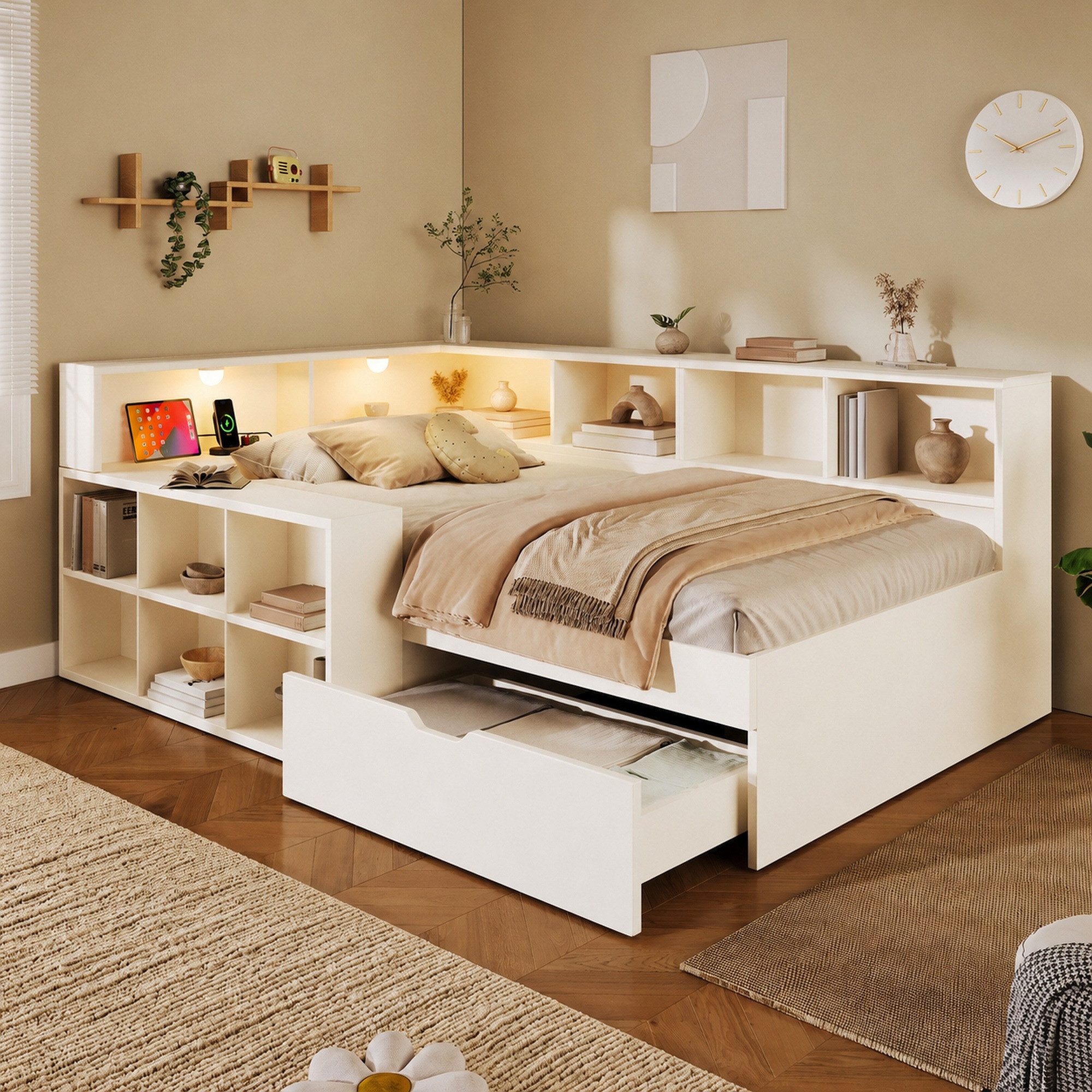 Celya Holzbett Tagesbett, Funktionsbett mit Stauraum und Leselicht (ohne Matratze, mit Schubladen und Offenem Regal), mit Drei USB-Anschlüsse und ein Typ-C-Anschluss