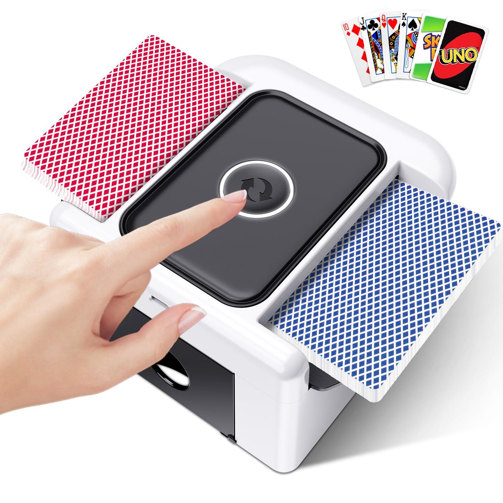 Tekoo Spiel Elektrische Kartenmischmaschine Akku 2000mAh für UNO Poker Skat, Poker, Skat, Rommé, Canasta, Mau-Mau, UNO, Elektrischer Kartenmischer mit 2000mAh Akku, für UNO & Poker