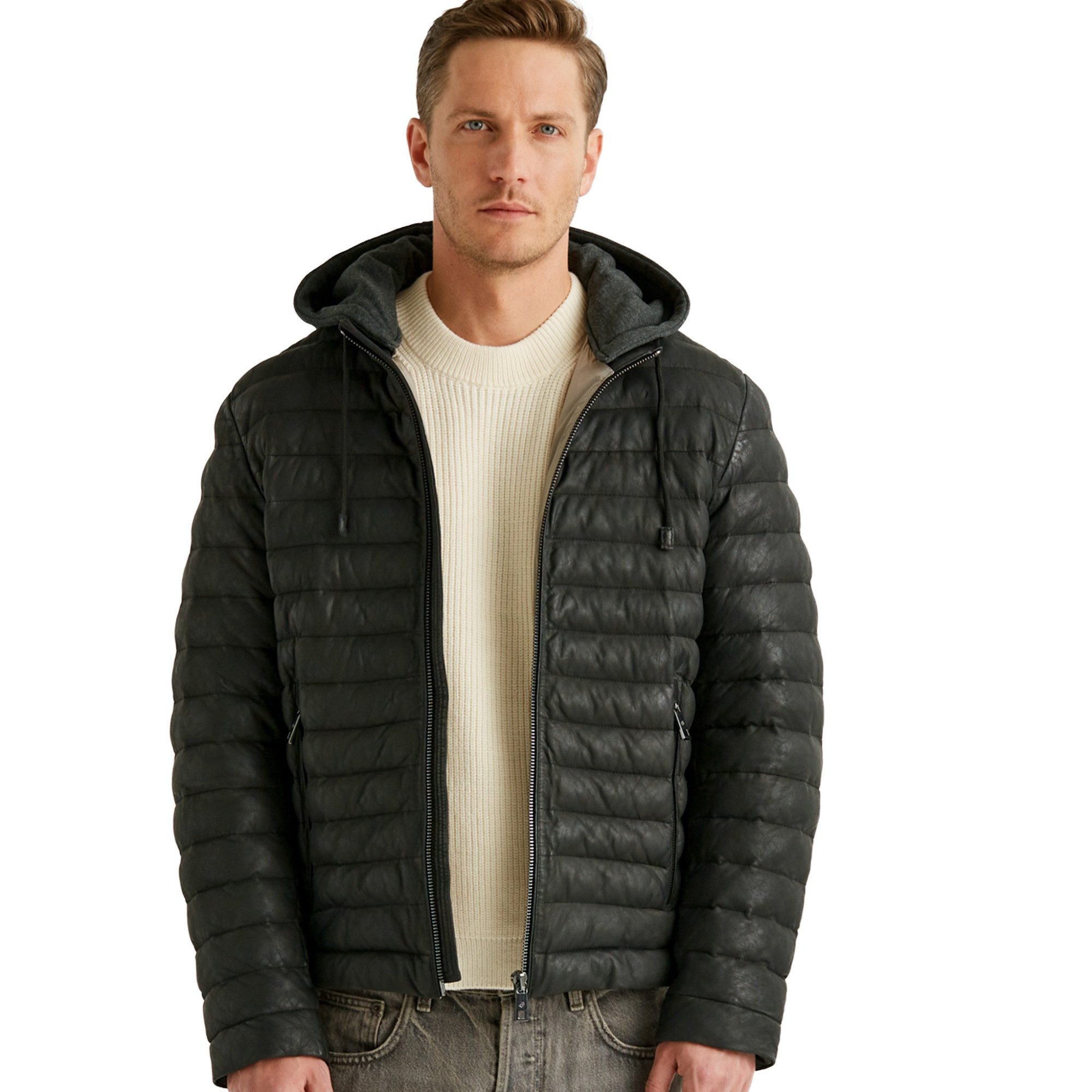Milestone Lederjacke MSViano Milestone - Herren Lederjacke Steppjacke Lammnubuk Kapuze schwarz