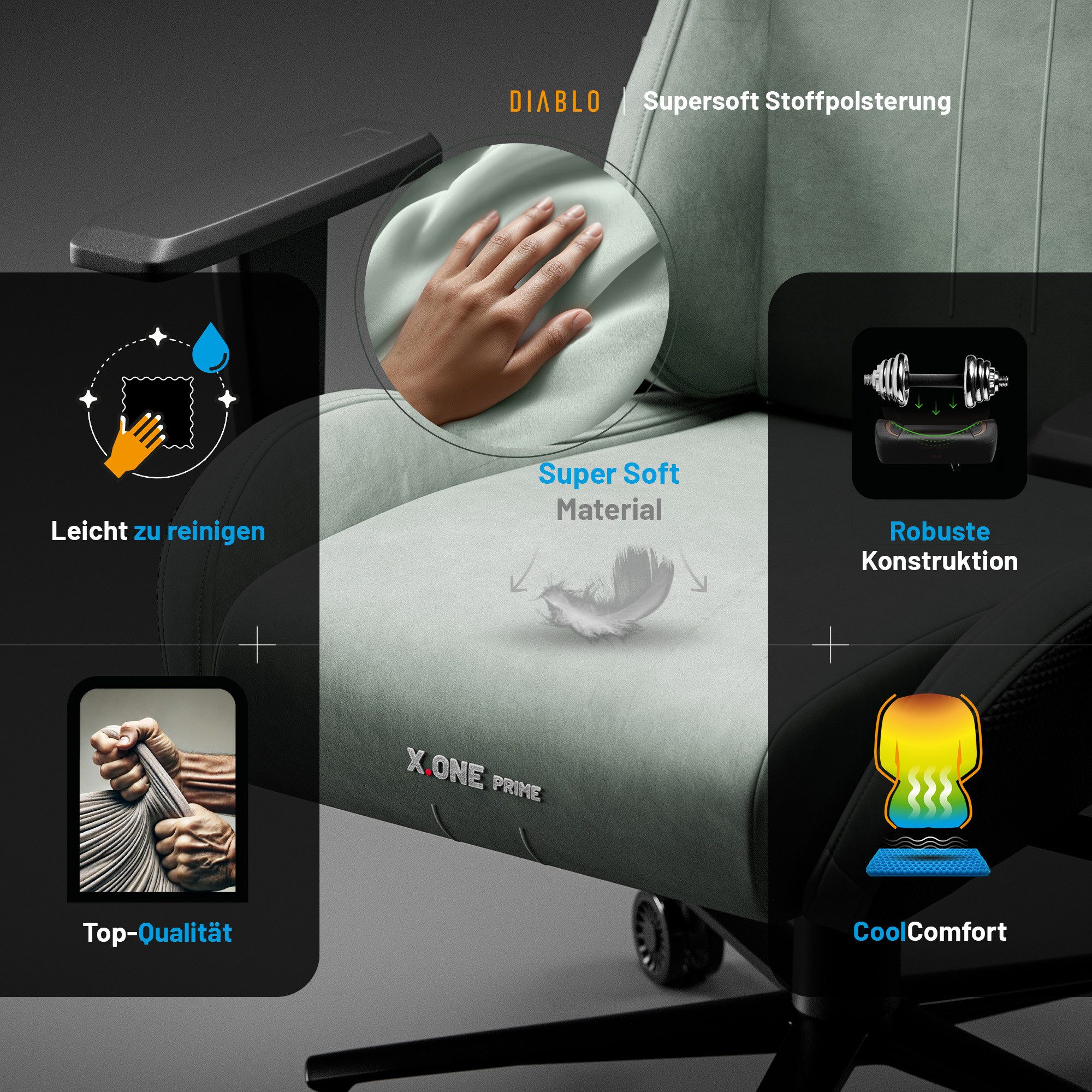 DIABLO CHAIRS Gaming-Stuhl X.One Prime Stoff ergonomisch Metallbasis 140kg CoolComfort (Magnetische Kopfstütze, Höhenverstellbare Armlehnen, Kühlender Sitz), Ko – Bild 5 von 5