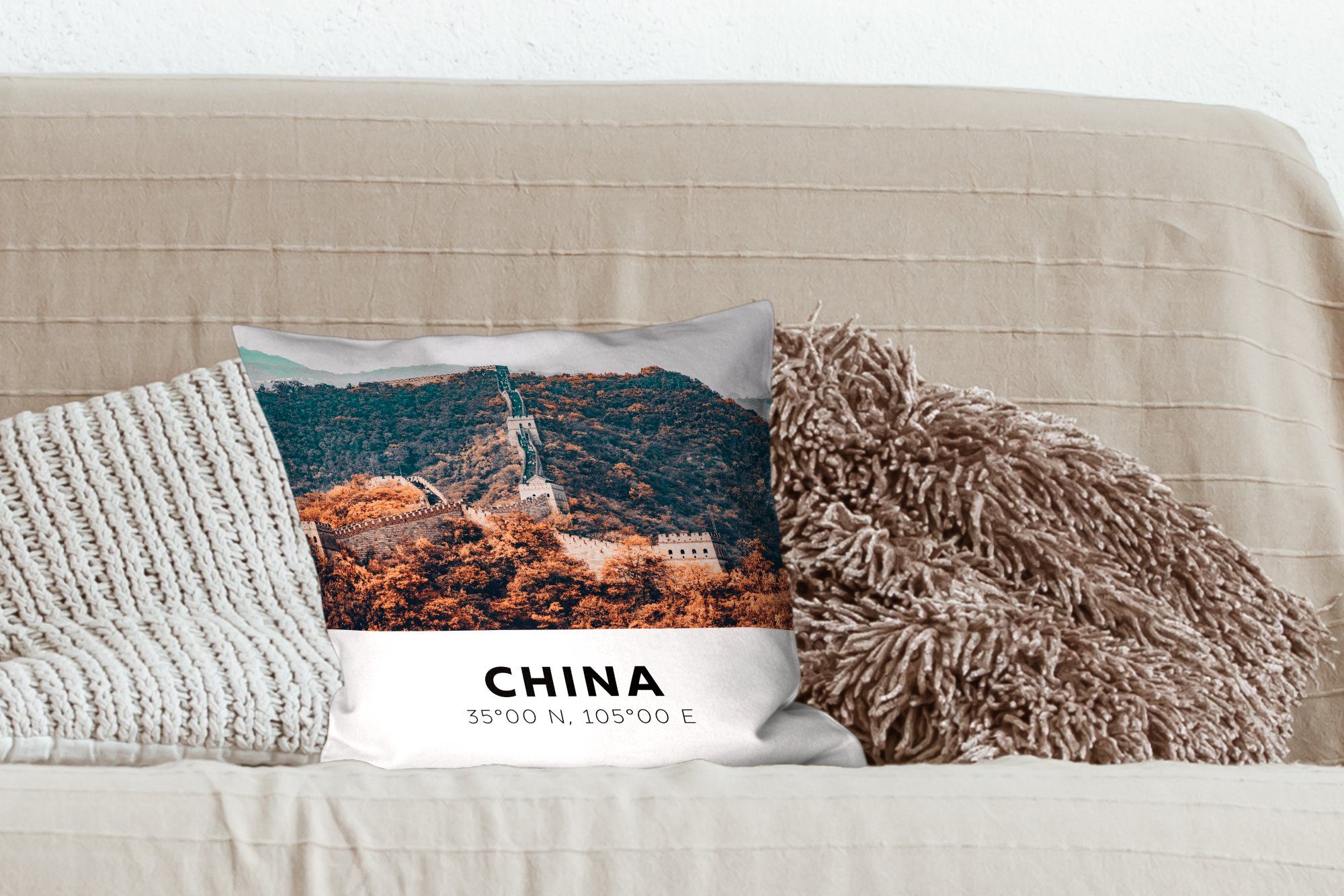 Schlafzimmer, China Große - Sofakissen für - MuchoWow Deko, Füllung Dekokissen Herbst, Wohzimmer, mit Zierkissen Mauer