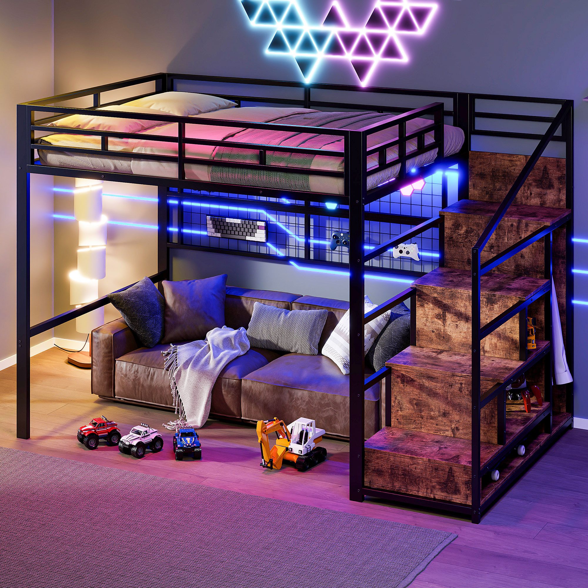 Merax Hochbett 140x200 cm mit LED-Beleuchtung (Doppelbett Jugendbett Kinder günstig online kaufen