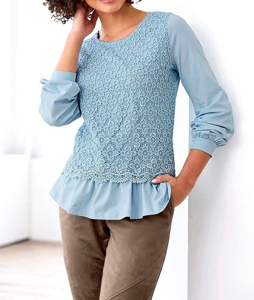 heine Rundhalsshirt LINEA TESINI Damen Designer-2-in-1-Spitzen-Jerseyshirt, hellblau