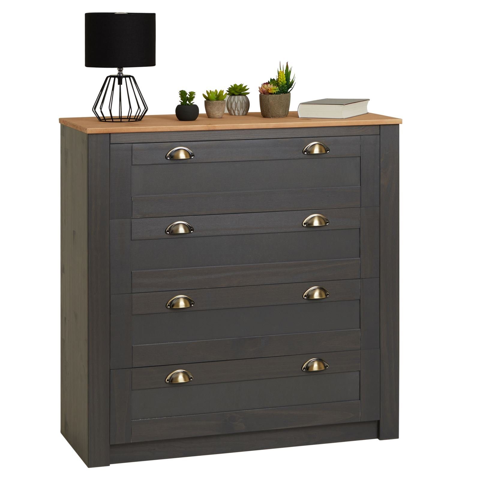 IDIMEX Kommode BOLTON, Anrichte mit 4 Schubladen aus Massivholz mit Muschelgriff Anthrazit