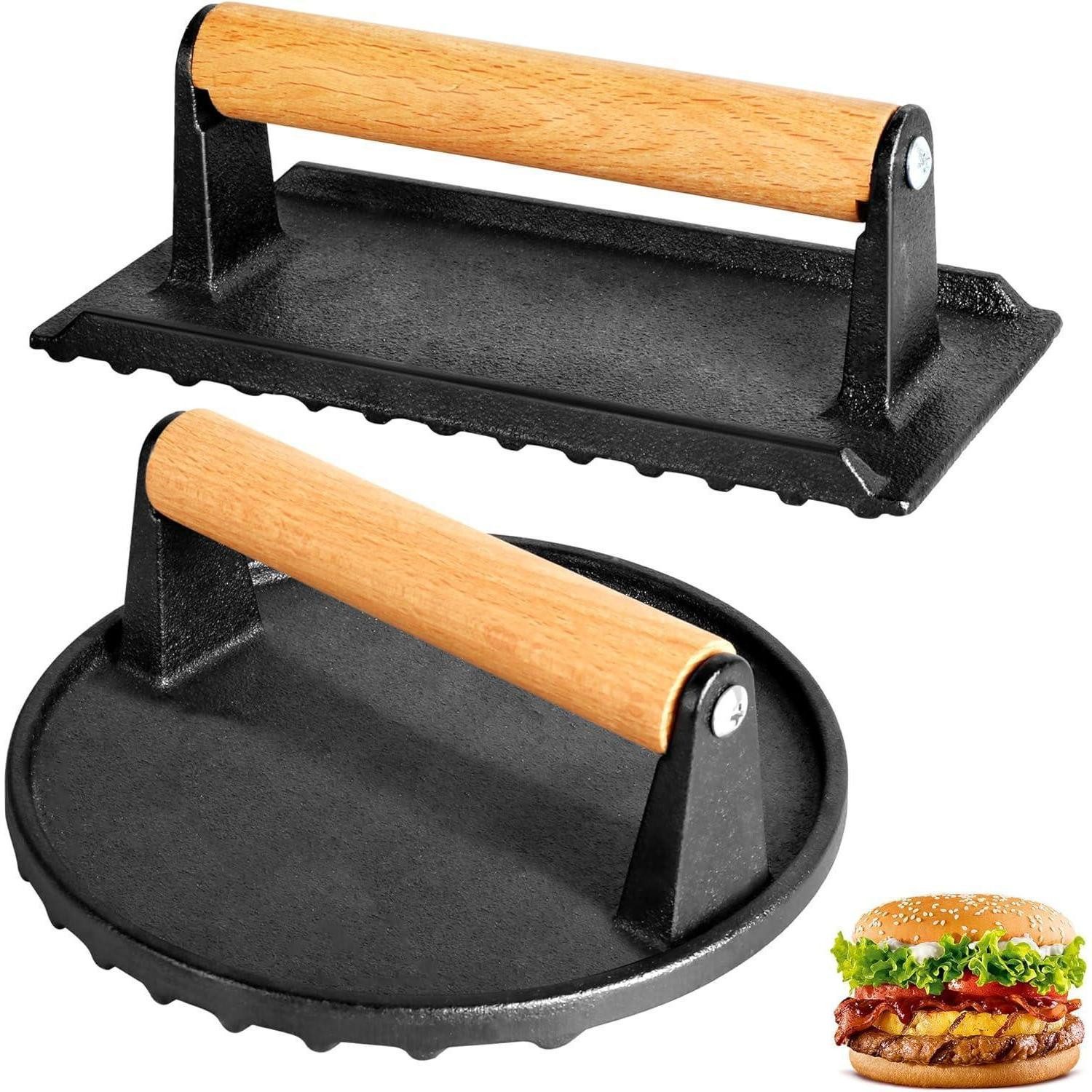 Alyoen Burgerpresse 2er-Set Burgerpresse Gusseisen Antihaft Rund Rechteckig 1kg Pattie