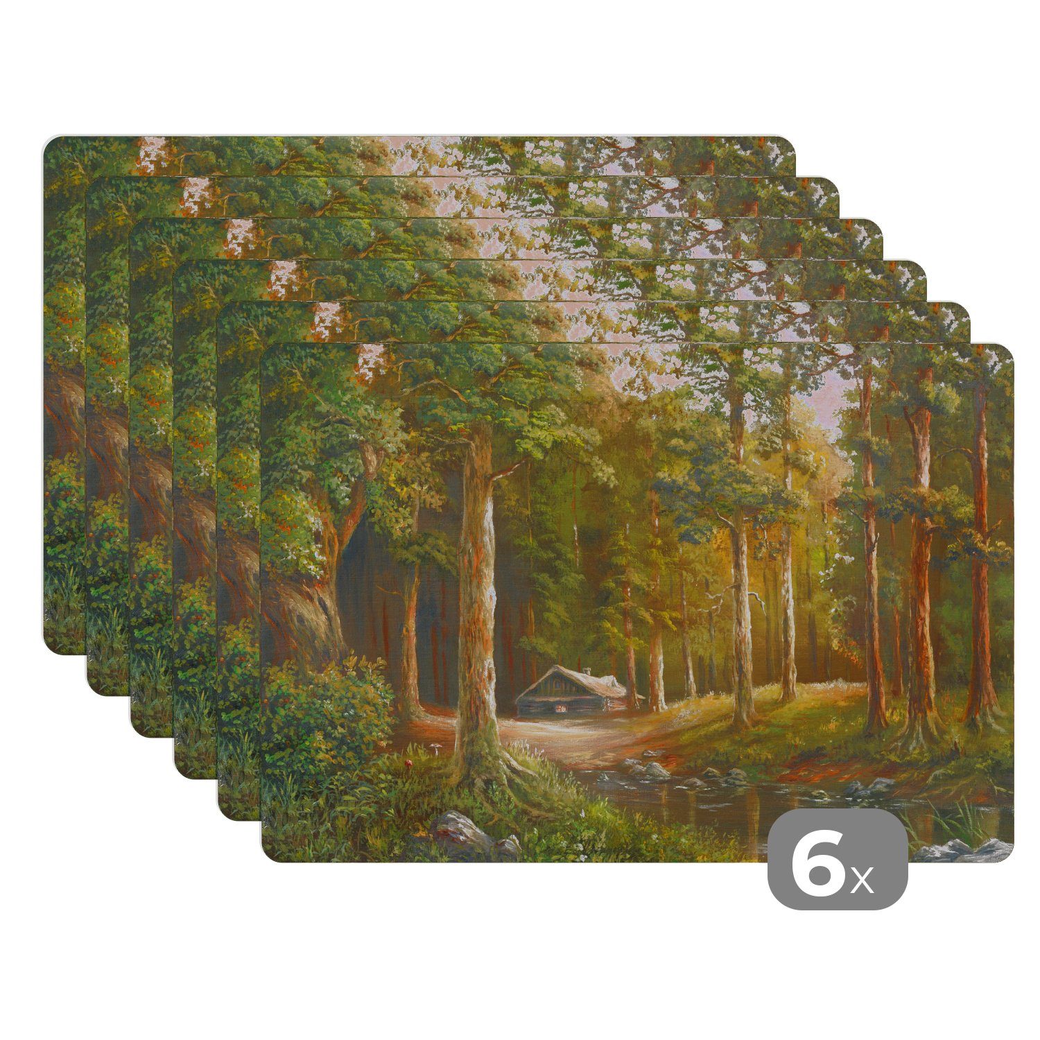 Platzset, Eine Illustration einer Hütte in einem Wald, MuchoWow, (6-St), Platzset, Platzdecken, Platzmatte, Tischmatten, Schmutzabweisend