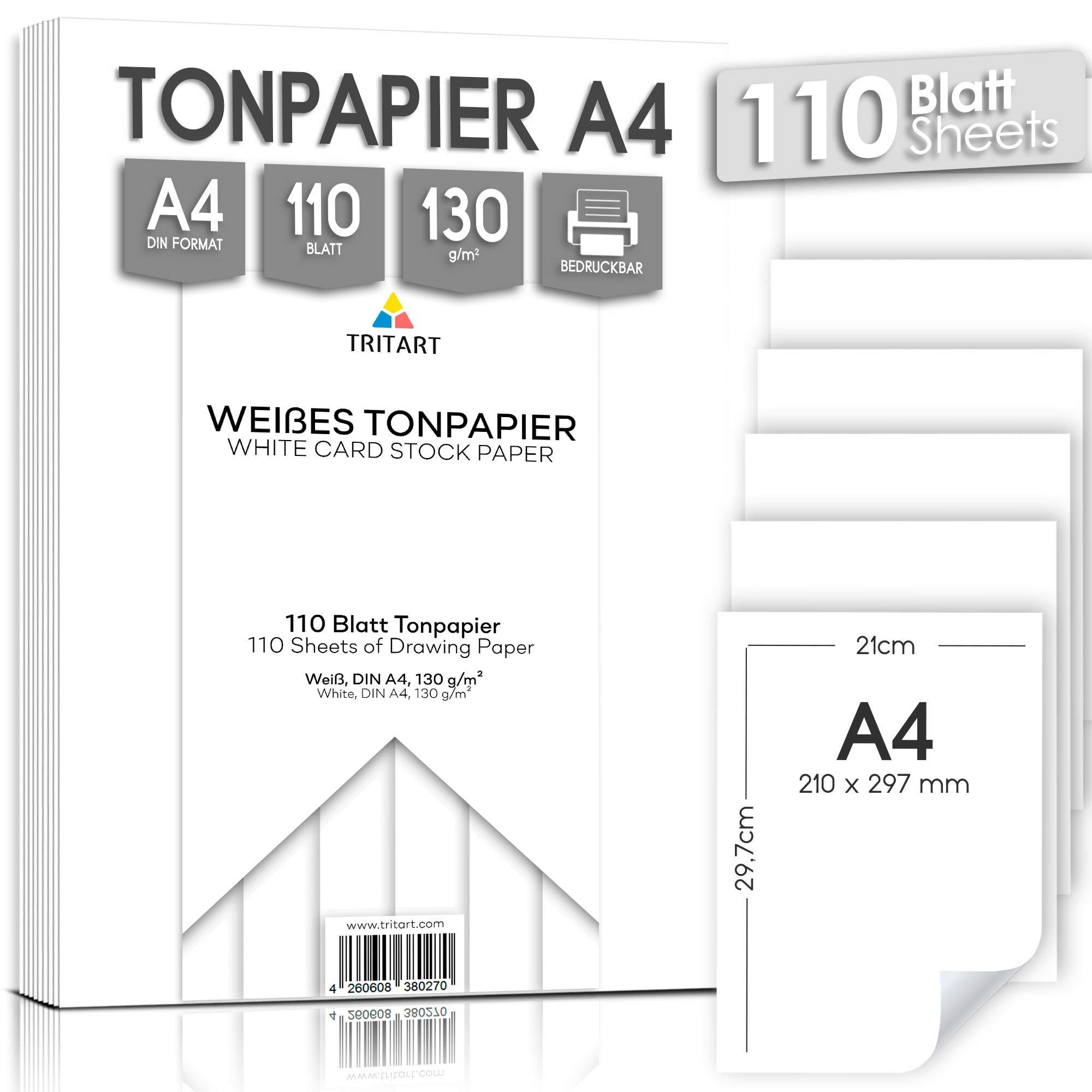 Tritart Kraftpapier Tonpapier Weiß A4 130g/m² - 110 Blatt weißes Бумага - Tonzeichenpapier