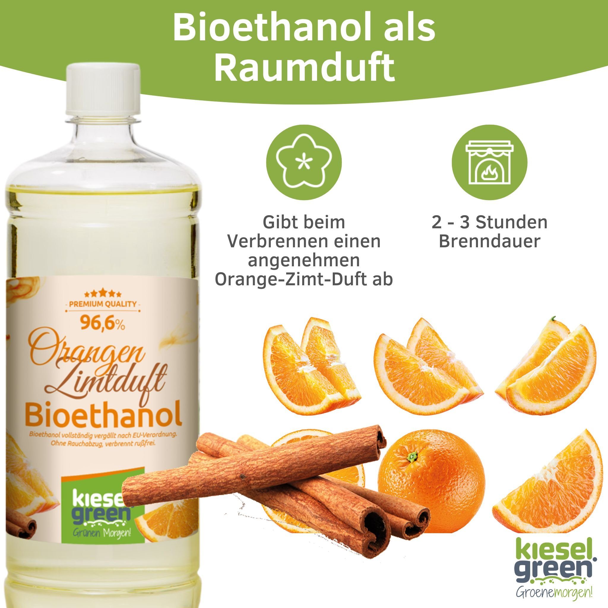 KieselGreen Bioethanol KieselGreen mit Orange-Zimt Duft 1 Ethanol-Kamin Flasche für Bioethanol Liter