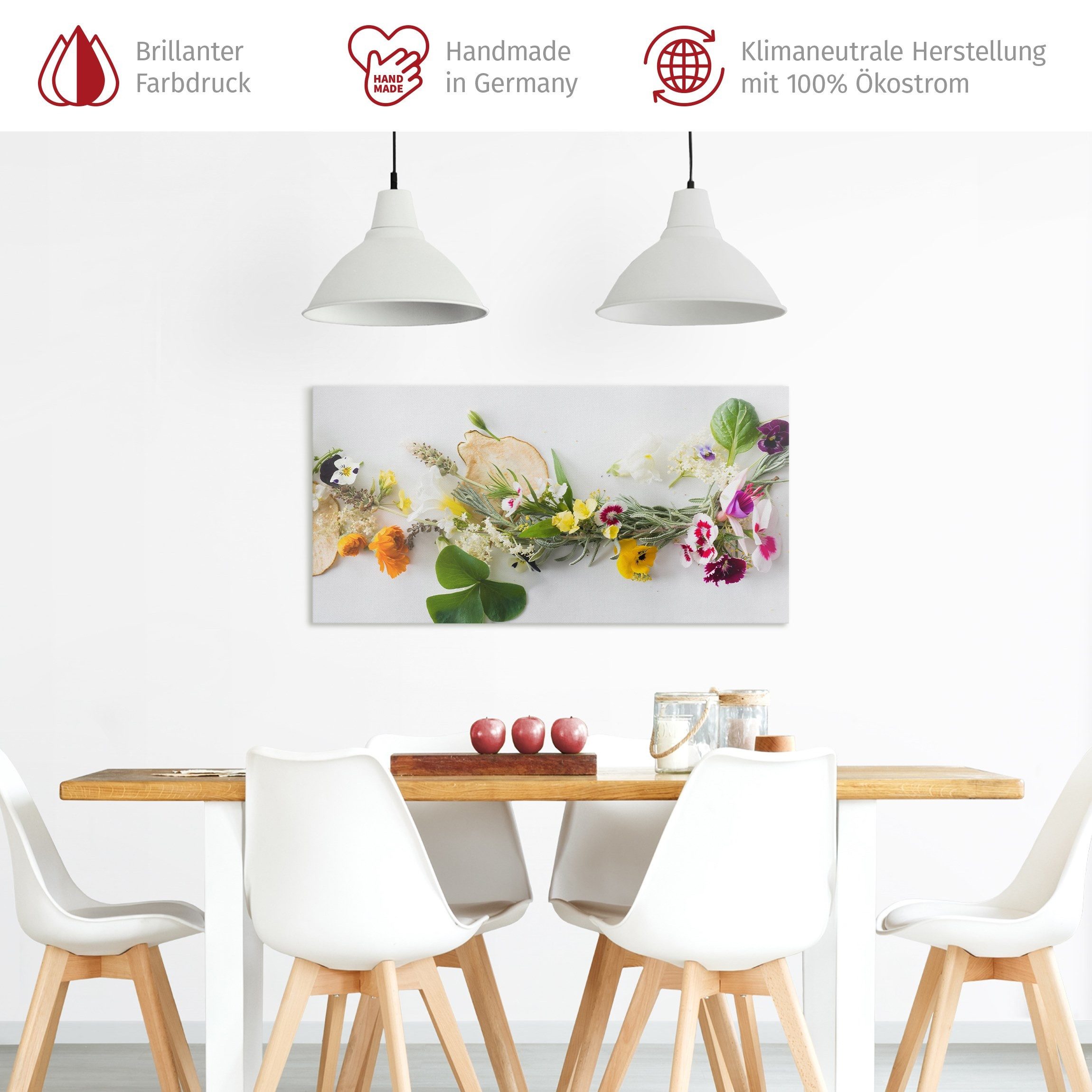 Bilderdepot24 Leinwandbild Küchenbild Modern Frische Kräuter Essblüten bunt Leinwanddruck XXL, Küche Esszimmer Wandbild Kunstdruck Wanddeko Druck Bild auf Leinwand