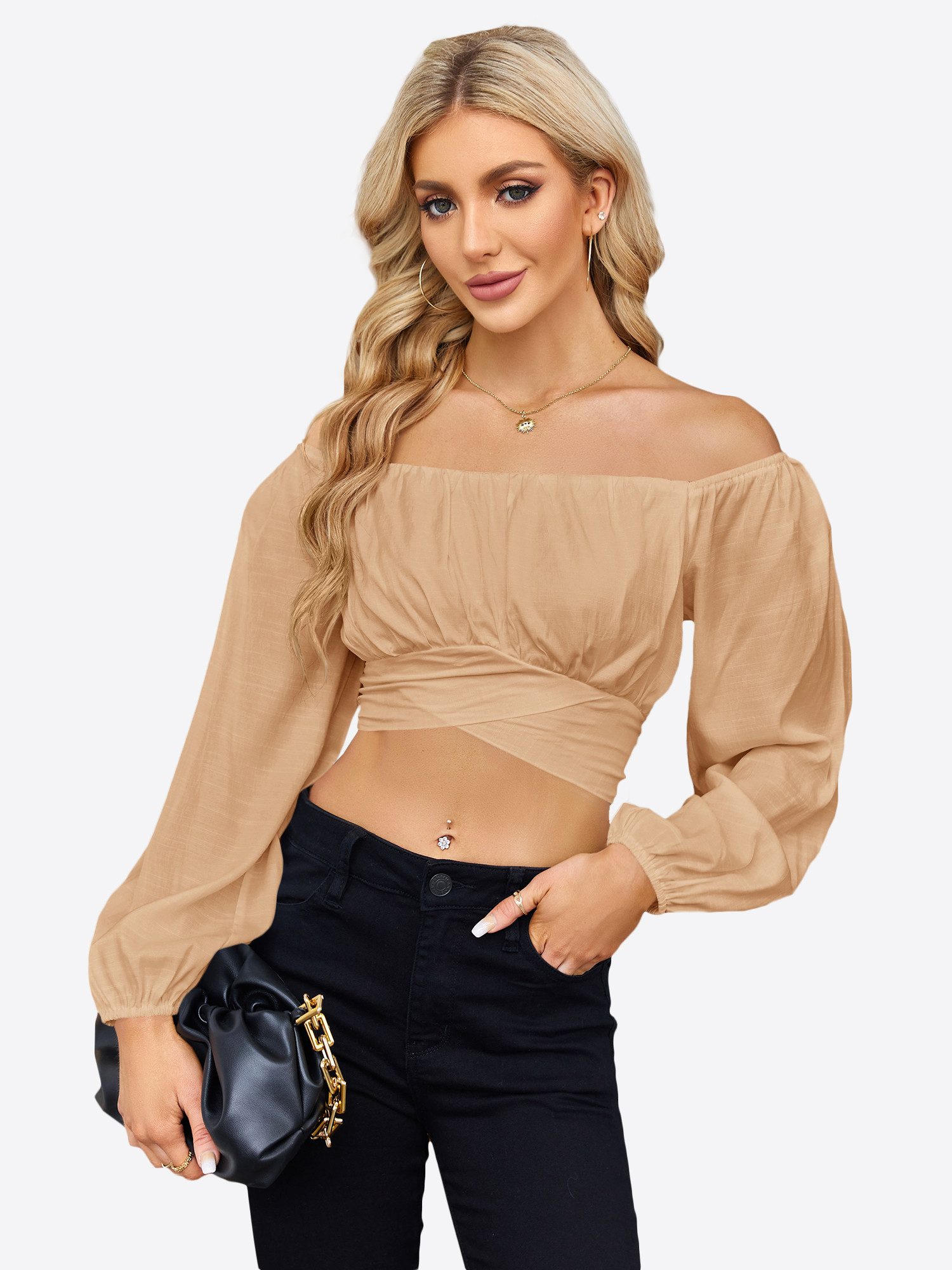 Imily Bela Blusentop Damen Hemd mit offenen Schultern und Laternenärmeln (Packung, 1-tlg., 1per-Pack) Schnürung