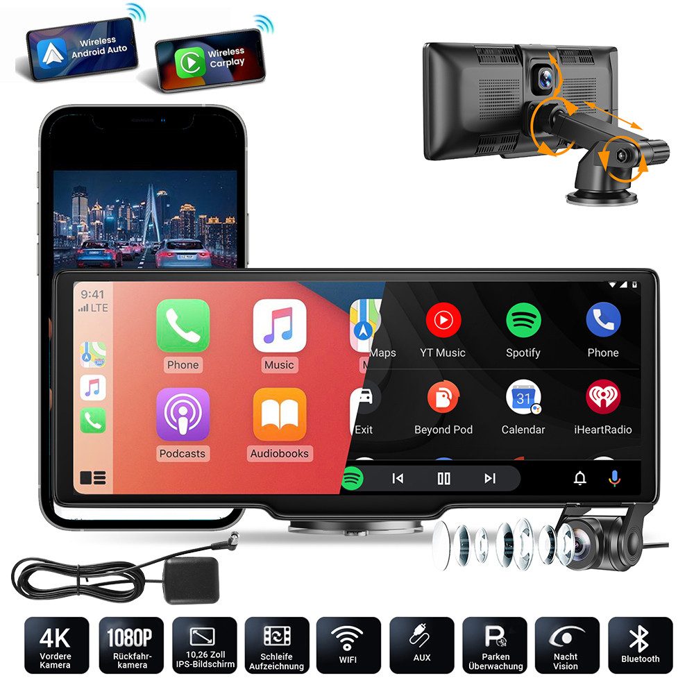 XGODY 4K 10.26" Wireless Carplay Android Auto Display Vorne Rückfahrkamera Навигацияsgerät (Tragbar Autoradio Rückfahrkamera IPS Touchscreen GPS Navi FM AUX)