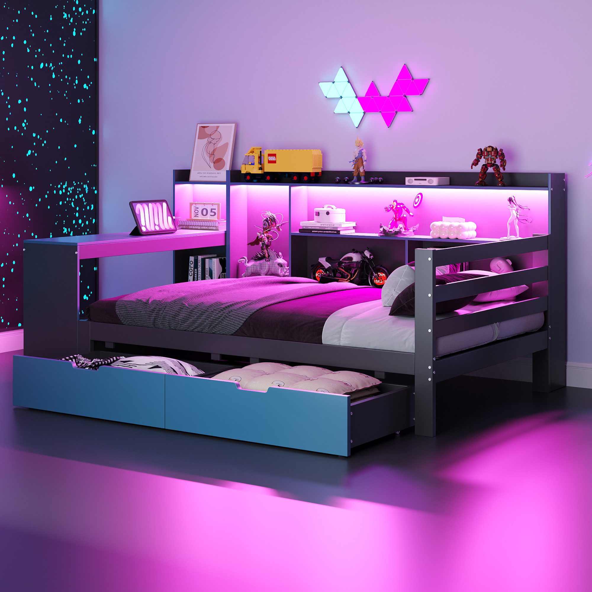 REDOM Schlafsofa Kinderbett Funktionsbett, mit Schreibtisch, LED-Beleuchtung und Stauraum 90x200 cm, ohne Matratze