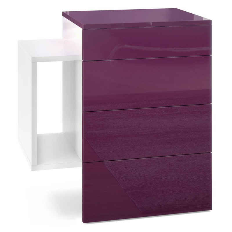Vladon Nachttisch Queens (Nachttischschrank mit 2 Schubladen, und 1 seitlichem Fach zur Wandmontage), Weiß matt/Brombeer Hochglanz inkl. LED-Unterbaustrahler (60x63x36 cm)