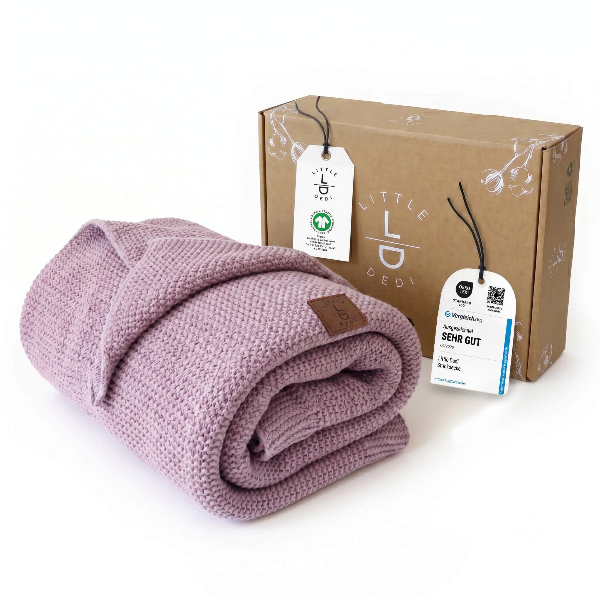 Babydecke Baby Strickdecke, %100 Bio Baumwolle, Atmungsaktiv, 80x100cm, Lavendel, Little Dedi
