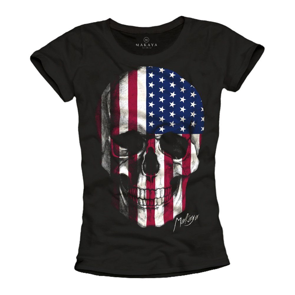 Print-Shirt Damen Totenkopf US Skull USA Fahne Amerika Flagge Frauen Top Kurzarm