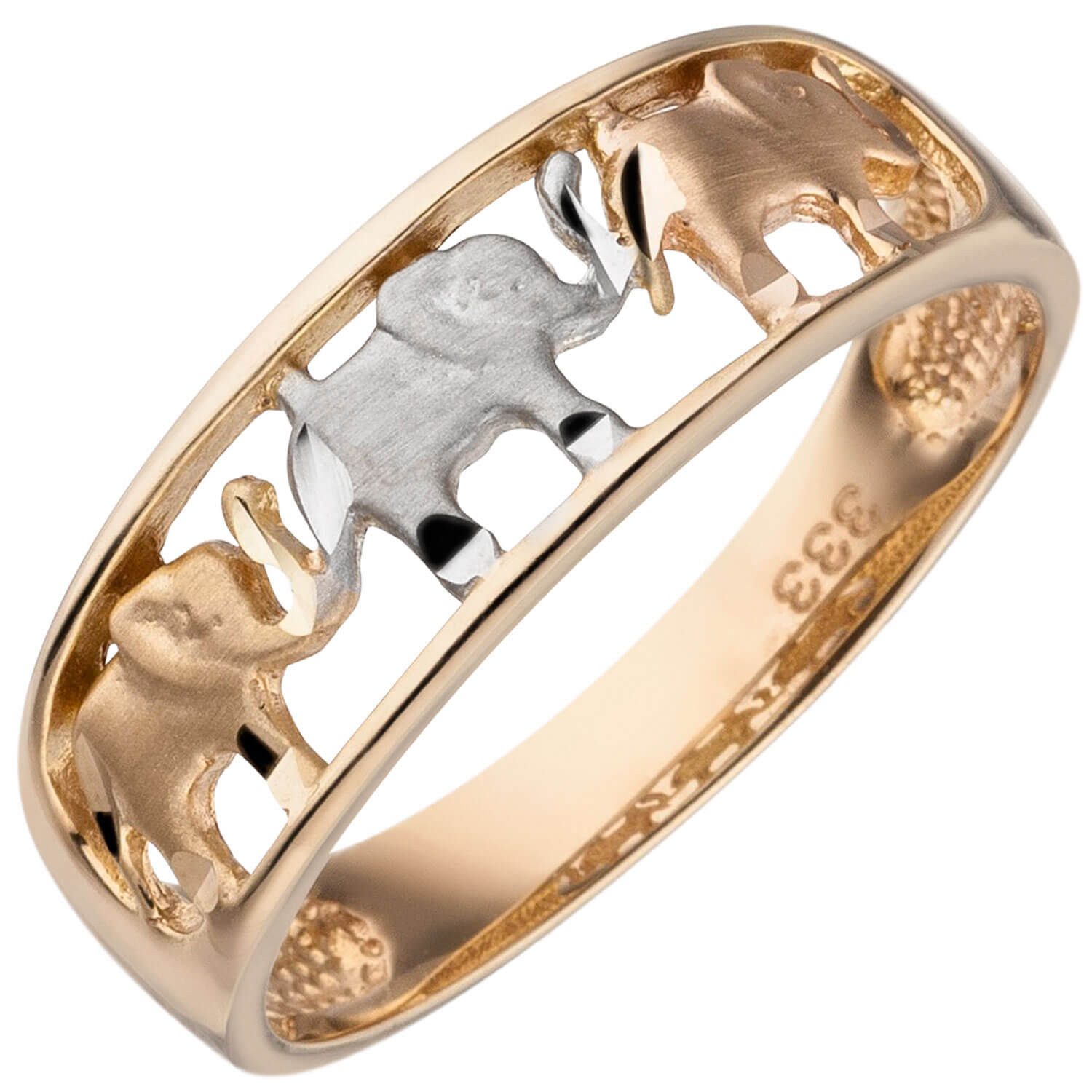Schmuck Krone Goldring Ring aus 333 Gelbgold 3 Elefanten tricolor, Gold 333