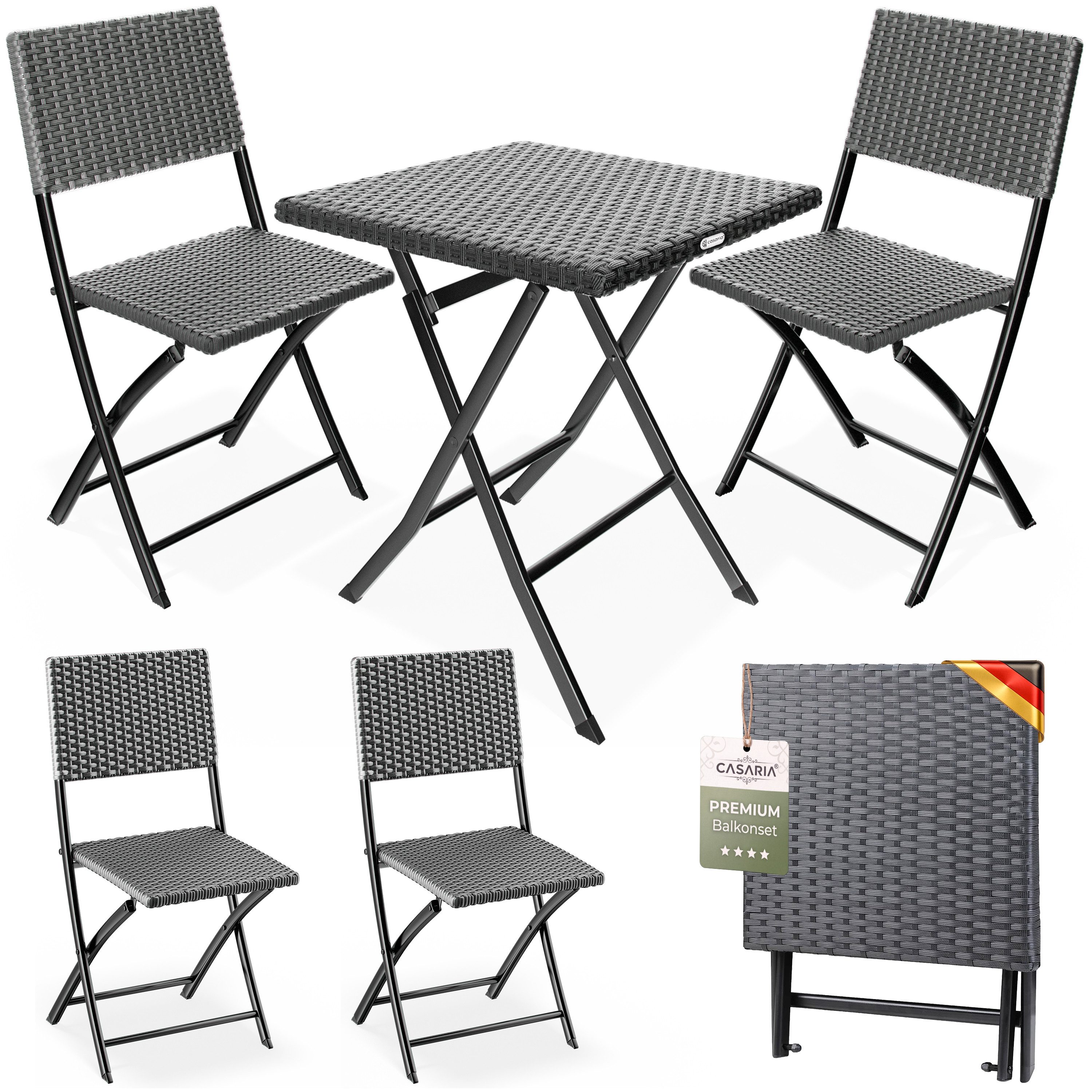 Casaria Balkonset, Polyrattan 3 tlg. Klappbar Platzsparend 2 Personen Wetterfest Balkon