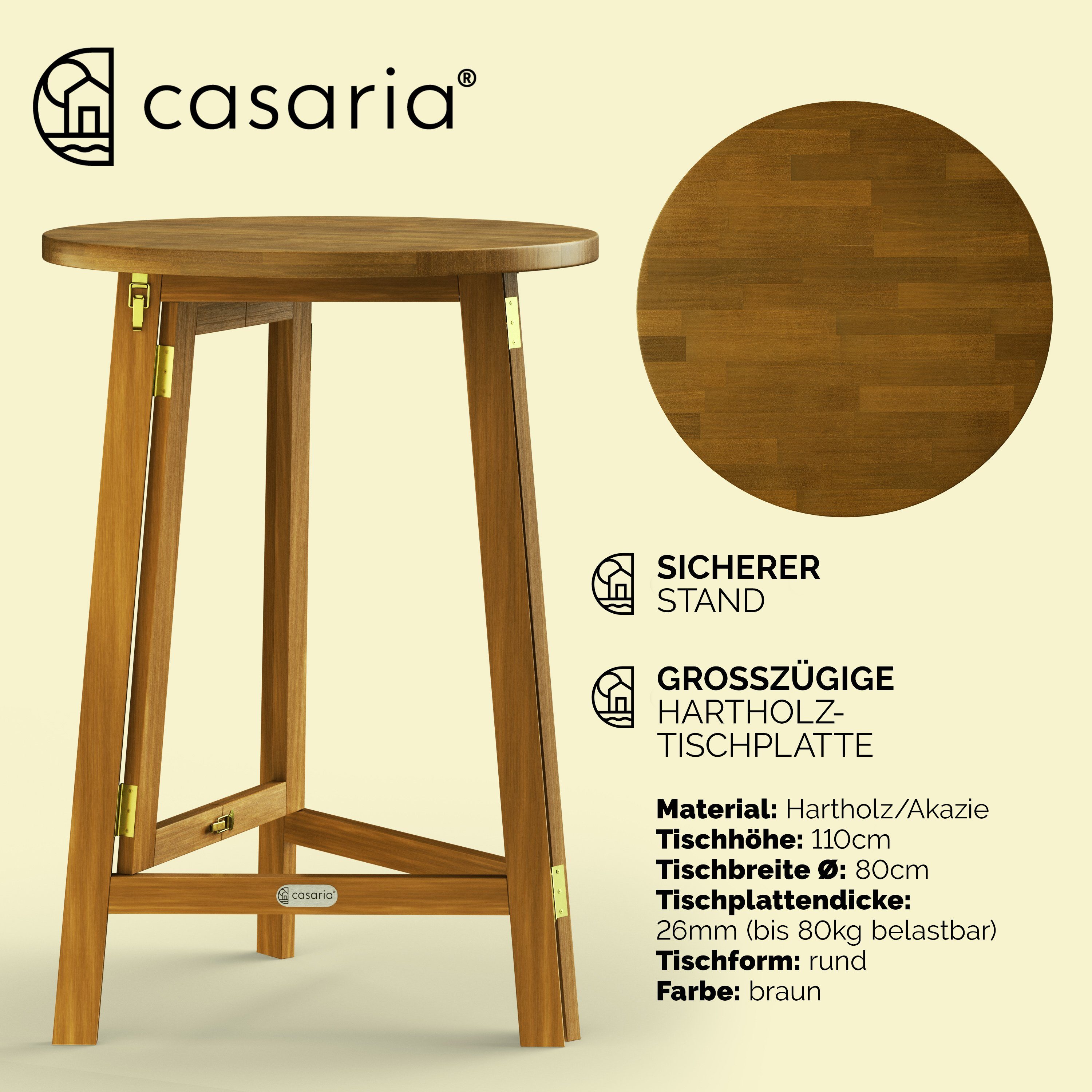 Casaria Stehtisch Akazie (1-St), Hartholz Klappbar 110cm Hoch Ø80 cm Rund Rustikal Indoor Outdoor