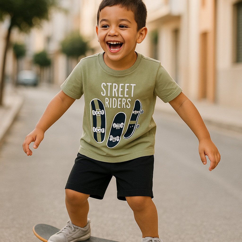 T-Shirt & Shorts Jungen Outfit, 2er Set: T-Shirt + Shorts, Blau/Grün, 100% Baumwolle
